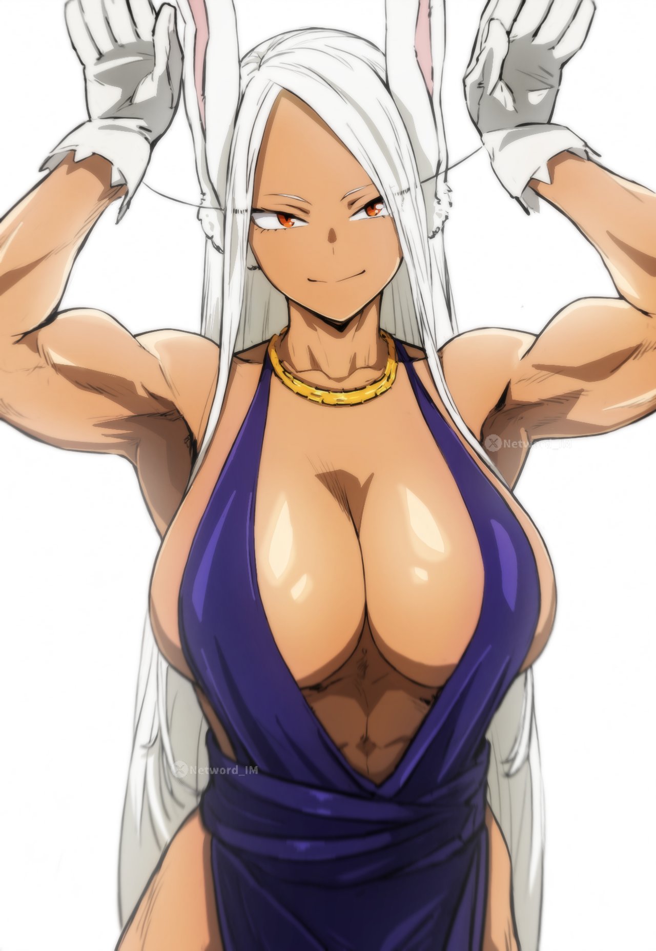 1girls, abs, alternate costume, animal ears, armpits, bare shoulders, biceps, big breasts, boku no hero academia, breasts, cleavage, collarbone, dark skin, dark-skinned female, dress, female, glistening, glistening breasts, gloves, gold necklace, hands up, highres, jewelry, large breasts, long eyelashes, long hair, looking at viewer, mirko, miruko, muscular, muscular female, my hero academia, necklace, networdnn, parallaxfused, parted bangs, pelvic curtain, purple dress, rabbit ears, rabbit girl, rabbit pose, red eyes, rumi usagiyama, second-party source, sideboob, simple background, smile, solo, usagiyama rumi, very long hair, white background, white gloves, white hair