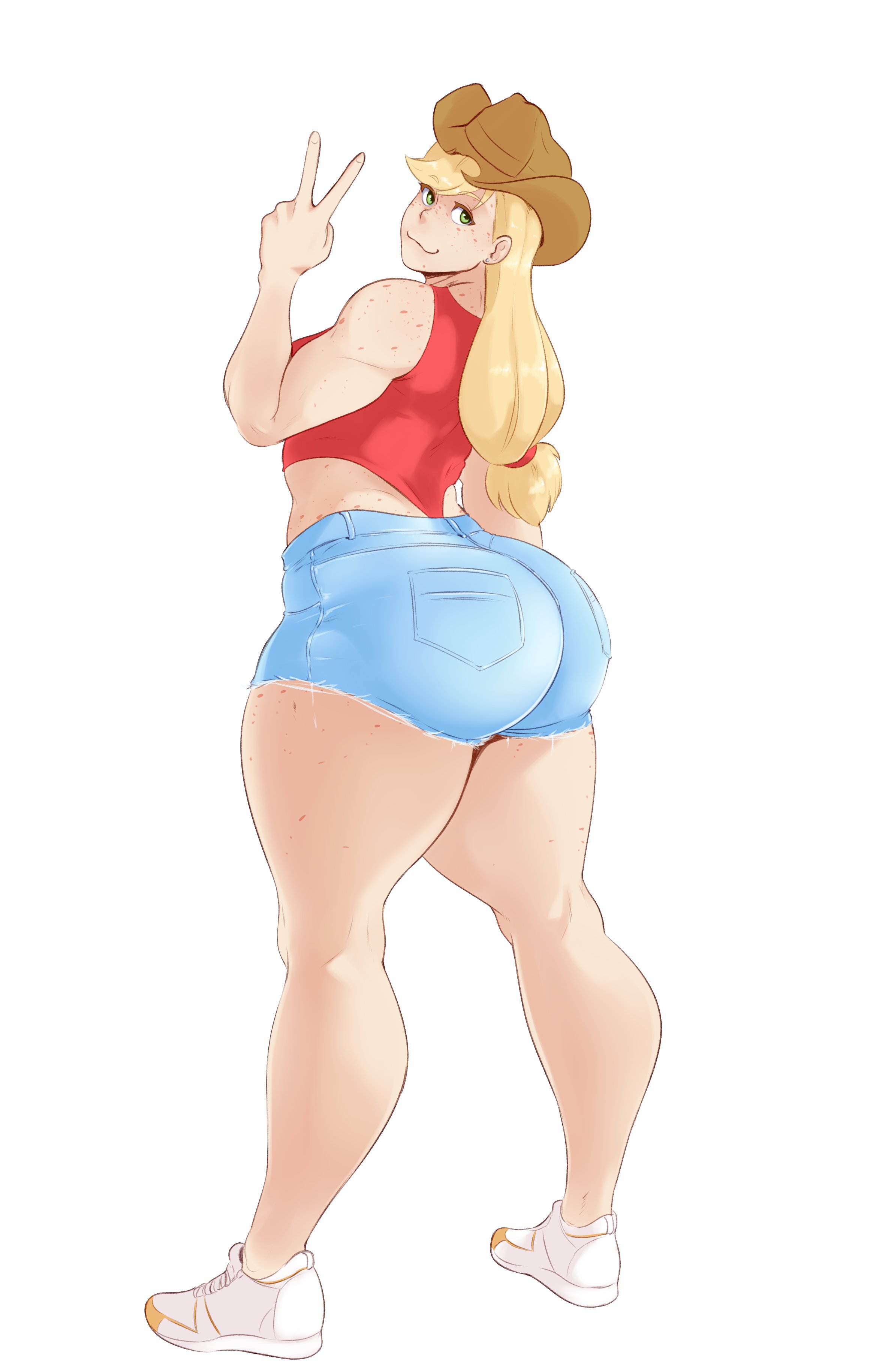 1girls, abdomen, applejack (mlp), ass, blonde, blonde hair, cowboy hat, denim, denim shorts, female, female only, freckles, friendship is magic, hat, huge ass, human, humanized, jeans, long hair, looking at viewer, looking back, my little pony, shorts, smooth skin, sneakers, solo, solo female, sunnysundown