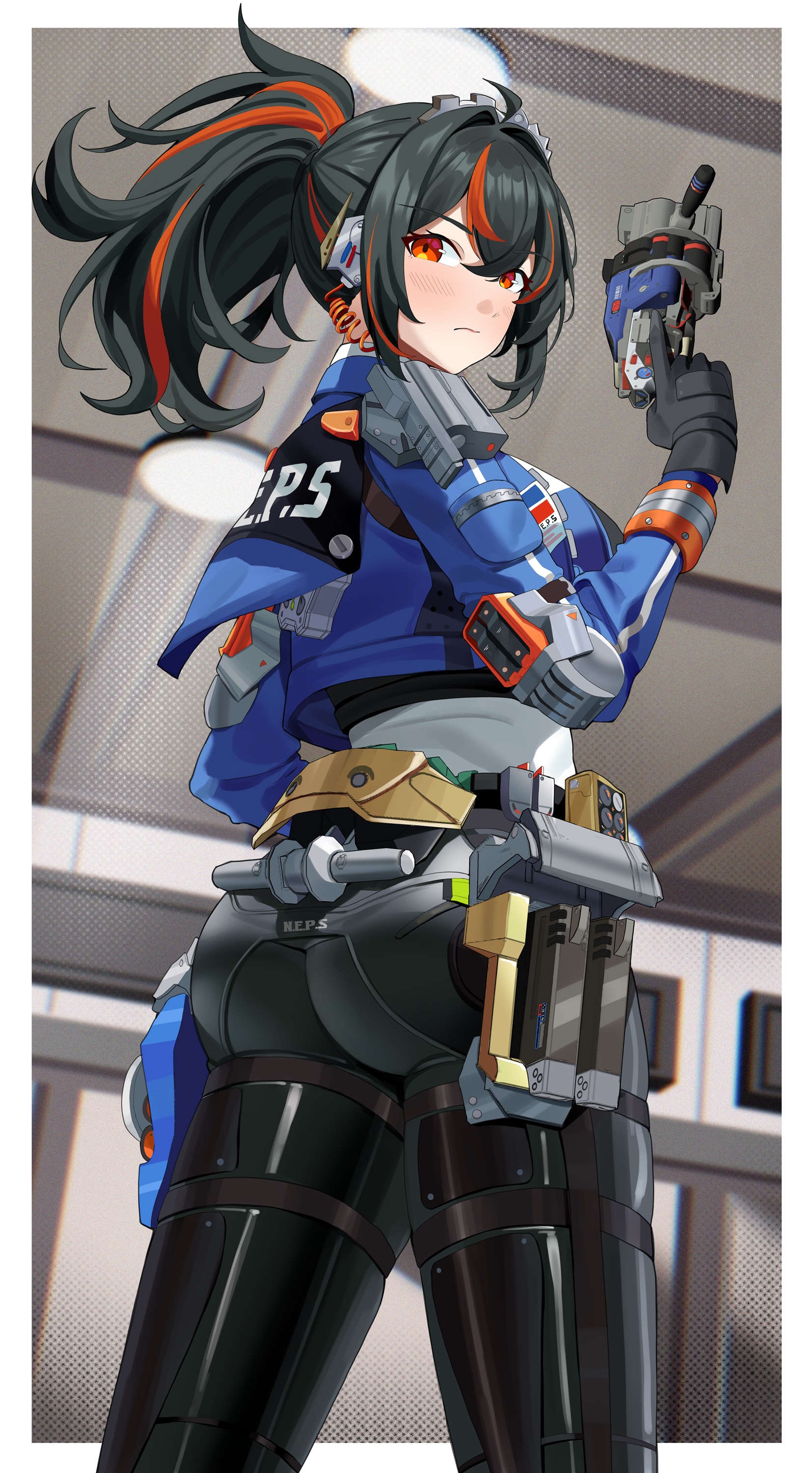 1girls, absurdres, ass, big ass, big breasts, black gloves, black hair, black pants, blue jacket, blush, breasts, closed mouth, clothes writing, commentary, cowboy shot, cropped jacket, female, from behind, gloves, gun, haerge, hair between eyes, hand up, highres, holding, holding gun, holding weapon, jacket, long hair, long sleeves, looking at viewer, looking back, multicolored hair, pants, police, police uniform, ponytail, red eyes, red hair, solo, streaked hair, weapon, zenless zone zero, zhu yuan