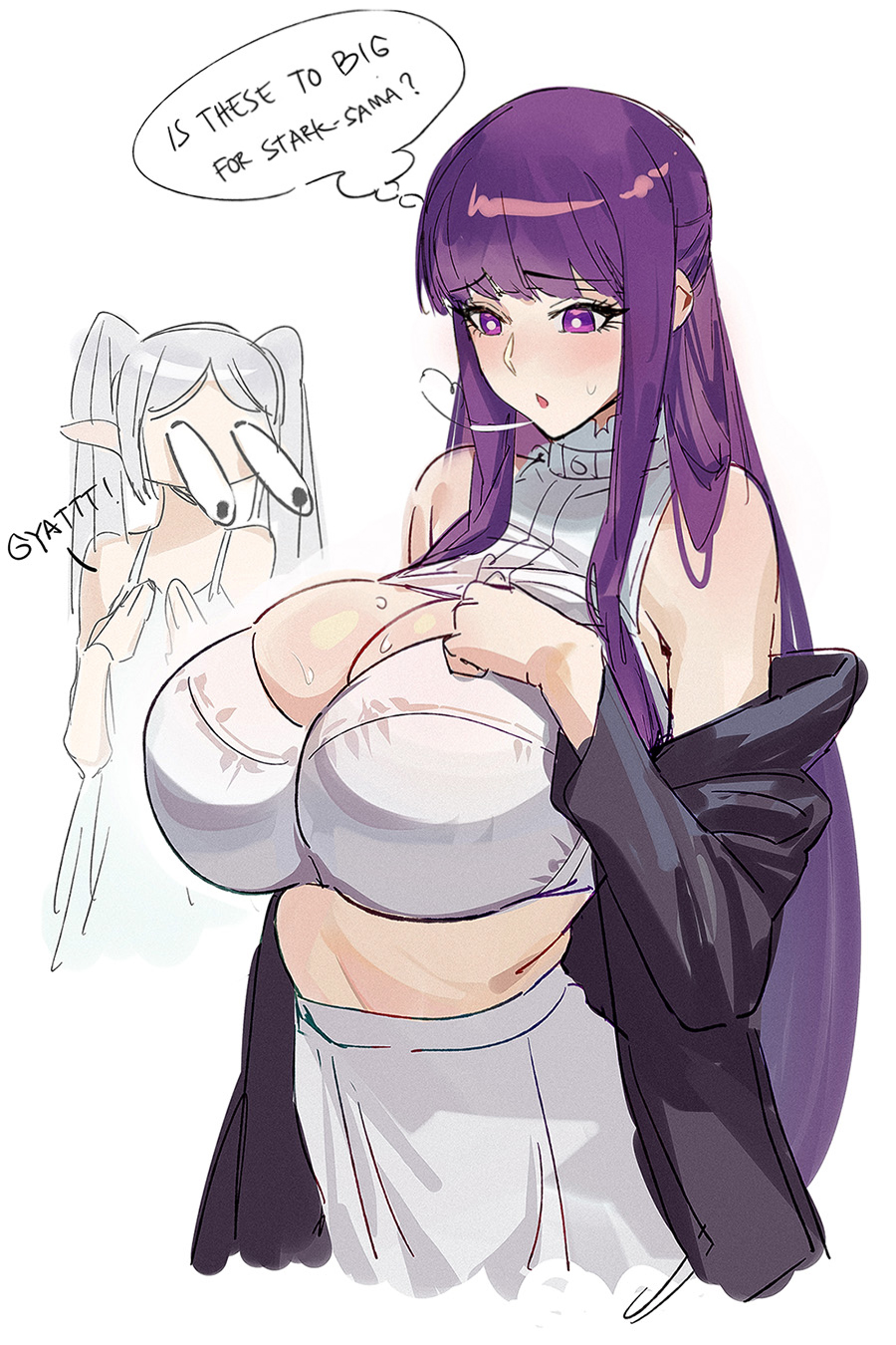 2girls bare_shoulders big_breasts blush bra breast_envy breasts bulging_eyes celyn404 cleavage dress elf english_text fern_(sousou_no_frieren) frieren grey_hair highres large_breasts long_hair multiple_girls off_shoulder pointy_ears purple_eyes purple_hair simple_background sousou_no_frieren sweat twintails underwear white_background white_dress