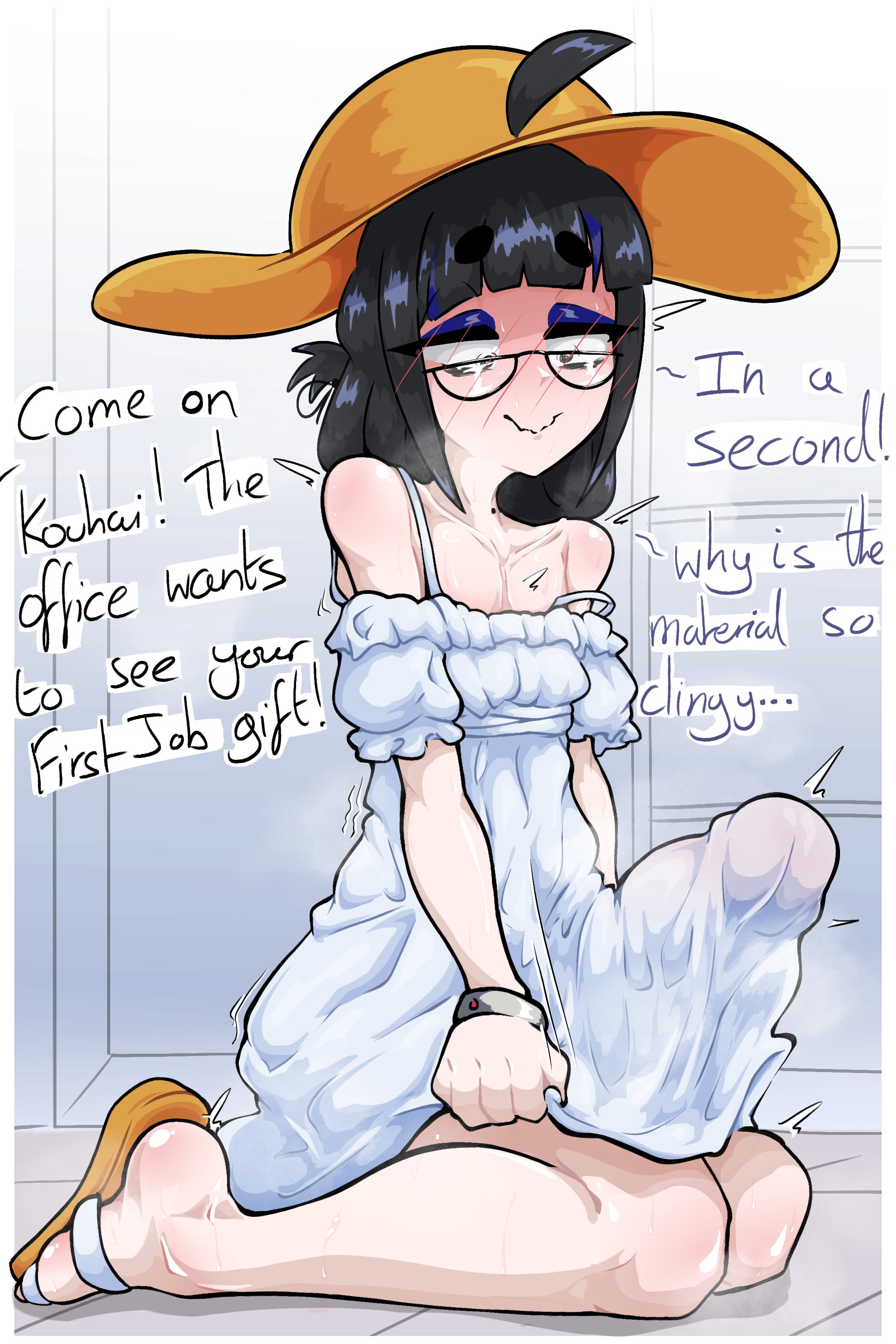 1boy, blush, bulge, caloart30, crossdressing, dialogue, embarrassed, erection, erection under clothes, femboy, glasses, huge cock, kneeling, kouhai (caloart30), male, oc, original, original character, penis, penis under dress, sun hat, sundress, text, unwanted erection