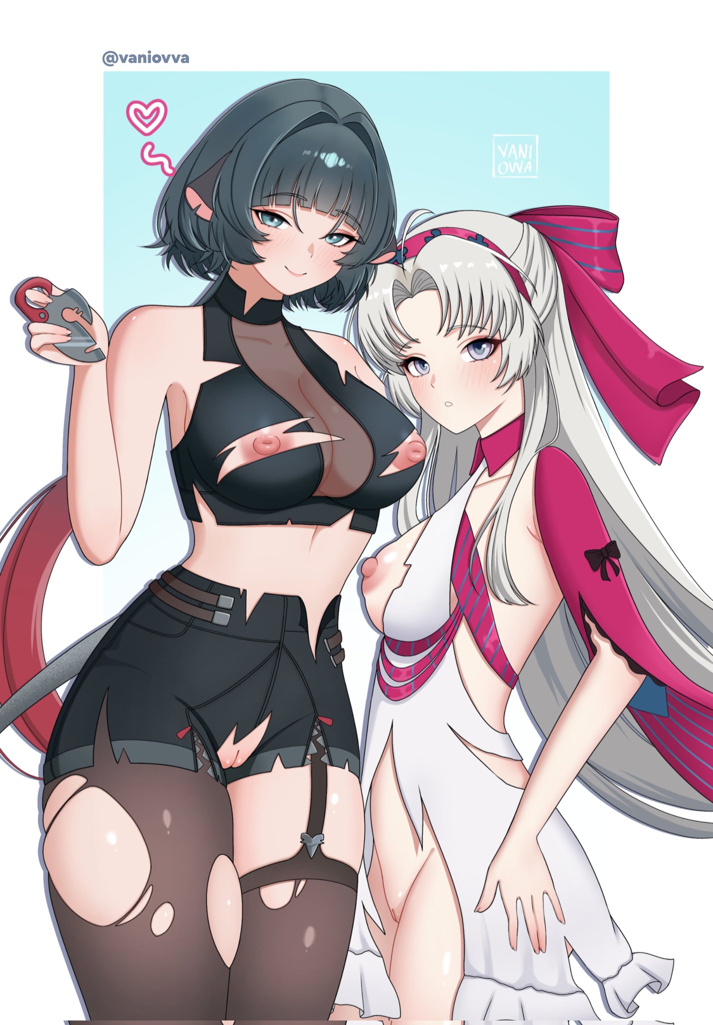 animal ears, animal tail, ass, big ass, big breasts, big butt, big nipples, big thighs, big titties, black hair, breasts, carlotta (wuthering waves), clothing, curvaceous, curvaceous female, curvaceous figure, curvy, curvy figure, curvy hips, female, female focus, female only, jane doe (zenless zone zero), long hair, looking at viewer, nipples, pussy, pussy juice, short hair, thigh highs, vaniovva, white hair, wuthering waves, zenless zone zero
