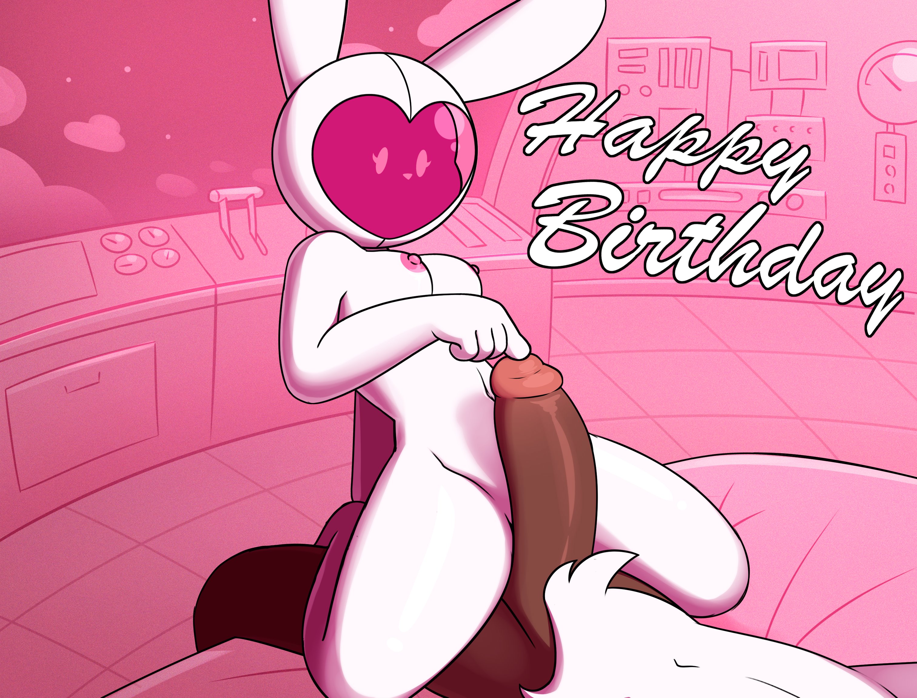 1boy, 1girls, anthro, big penis, breasts, bunny girl, female, finger on glans, finger on penis, functionally nude, functionally nude female, helmet, helmet only, hi res, male, measuring penetration depth, medium breasts, miscon, navel, nude, nude male, original, original character, penis, pinku (miscon), purpleflamensfw, space helmet, white fur