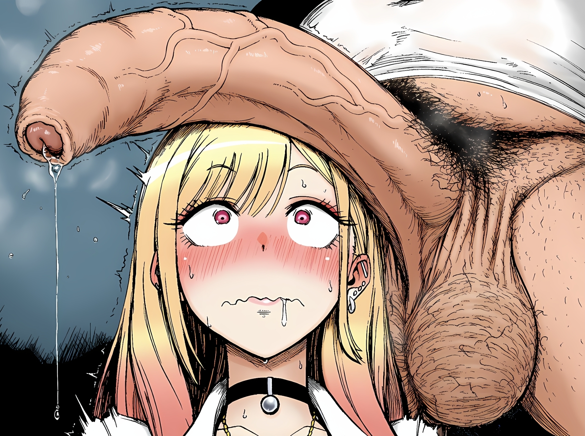 1boy, 1girls, ai generated, balls, big penis, clothed female, clothed male, fat male, female, foreskin, hairy balls, huge cock, kitagawa marin, leaking precum, lips, looking at penis, looking up, male, penis, penis awe, penis on head, precum drip, renz3n, shocked, sono bisque doll wa koi wo suru, ugly bastard, uncircumcised, wavy mouth