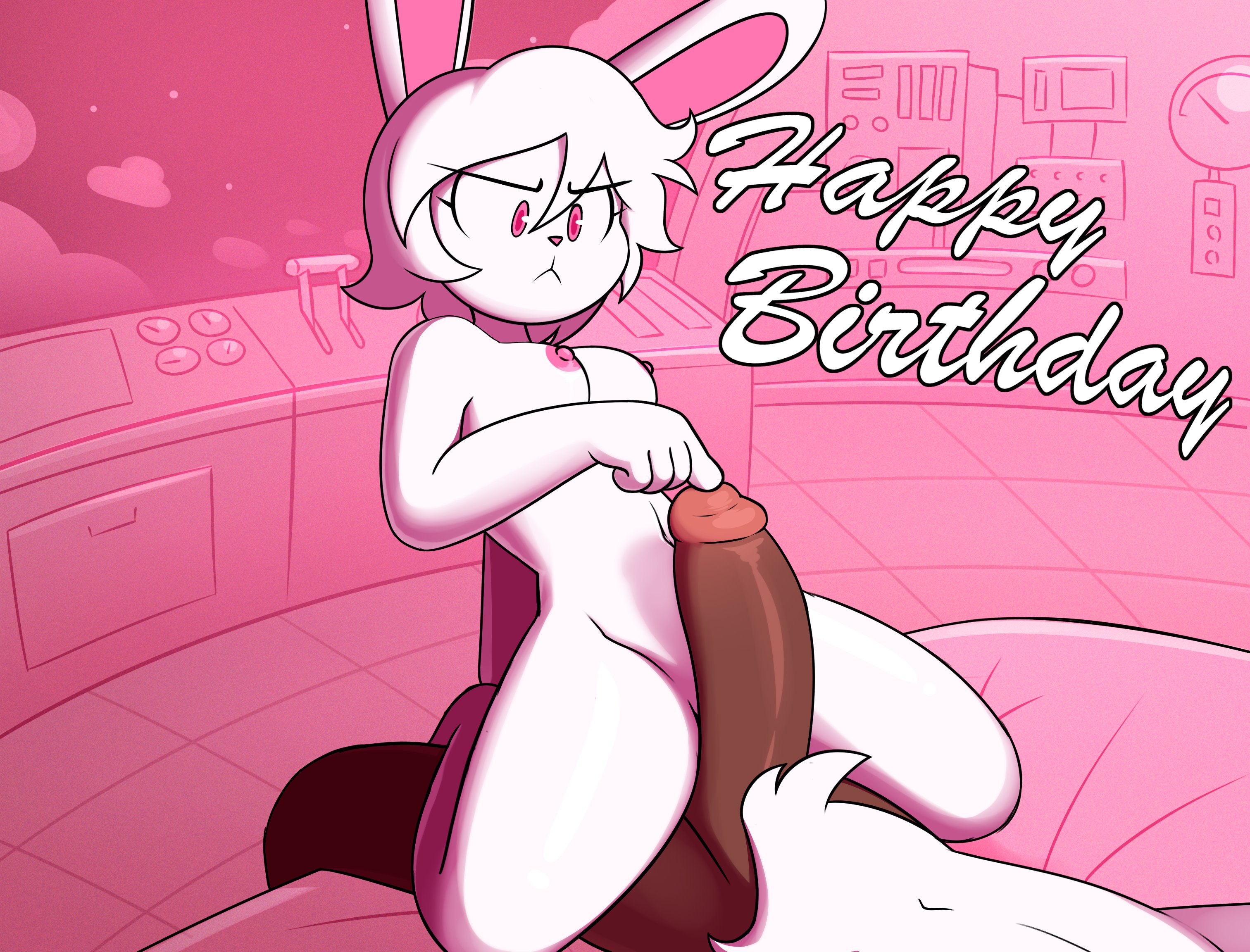 1boy, 1girls, anthro, big penis, breasts, bunny girl, female, finger on glans, finger on penis, hi res, male, measuring penetration depth, medium breasts, miscon, navel, nude, nude female, nude male, original, original character, penis, pinku (miscon), purpleflamensfw, white fur