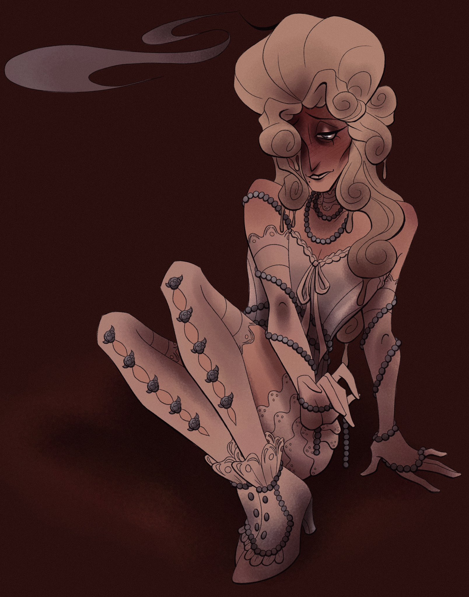 1male, 1man, blue lingerie, blush, blushing, candelabra, date everything, embarrassed, femboy, femboy only, gap teeth, human artist, lingerie, male, male lingerie, male only, no ai, pearls, pin up, scandalabra (date everything), sketch, smoke, suggestive, white lingerie