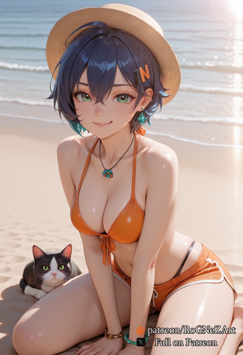 2025, ai generated, bangs, bare legs, bare shoulders, barefoot, beach, belle (zenless zone zero), between legs, bikini, black hair, blue hair, bracelet, breasts, cleavage, collarbone, crossed bangs, day, earrings, feline, female, female focus, female only, front-tie bikini top, front-tie top, green eyes, hair between eyes, hair ornament, hairclip, halterneck, hand between legs, hat, hoyoverse, jewelry, looking at viewer, medium breasts, mihoyo, navel, necklace, ocean, orange bikini, outdoors, parted lips, rognezart, sand, shiny, short hair, short shorts, shorts, sitting, skindentation, smile, solo, sun hat, swimsuit, thighs, water, zenless zone zero
