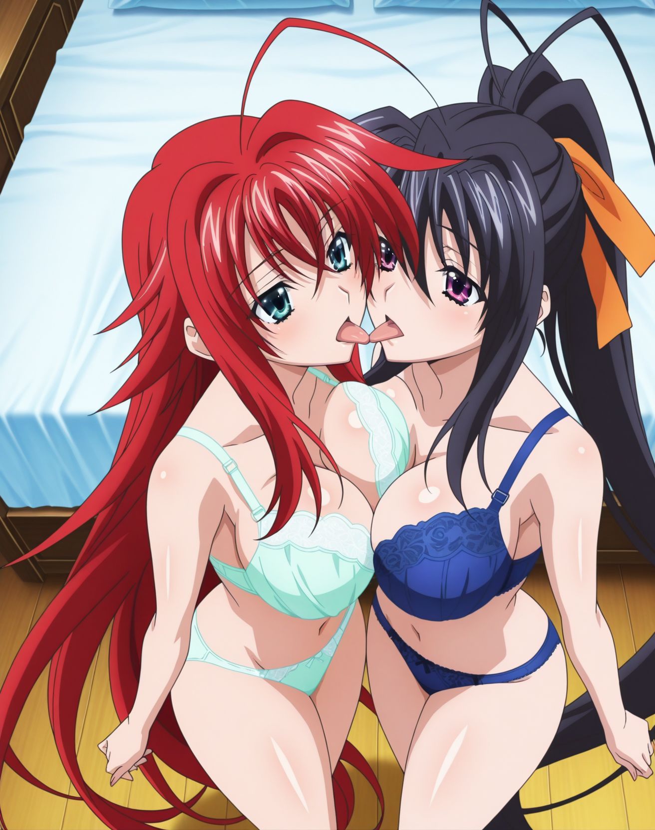 2girls ai_generated akeno_himejima bed big_breasts bikini breasts_touching_each_other females_only girlfriends high_school_dxd indoors lesbian_couple lesbian_kiss rias_gremory rias_x_akeno thick_thighs tongue_out tongues_touching voluptuous_female wife_and_wife yuri yuri yuri