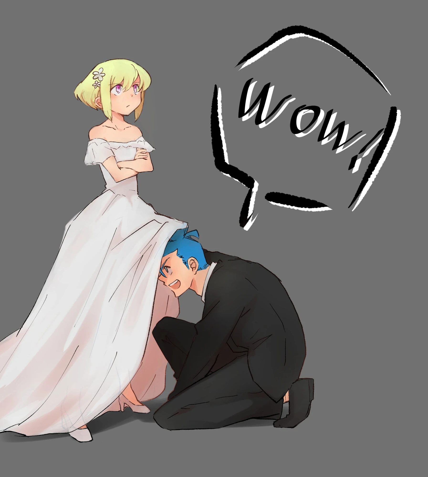 2boys, androgynous, aus vaka, blonde hair, bob cut, bride, crossdressing, femboy, galo thymos, gay, lio fotia, male, promare, short hair, skirt lift, slim, slim male, slim waist, text, twink, wedding dress, yaoi