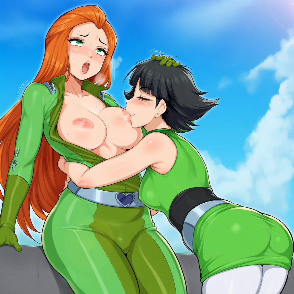 2girls ai_generated buttercup_(powerpuff_girls) female hard_nipples medium_breasts open_topwear powerpuff_girls rudey_ai sam_(totally_spies) sucking_nipples totally_spies yuri