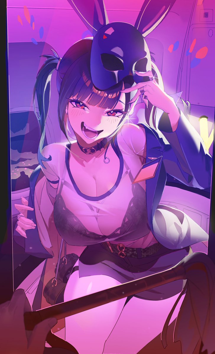 1girls, black bra, black hair, bra, breasts, choker, cleavage, female, goddess of victory: nikke, heart, heart-shaped pupils, highres, jacket, jewelry, koi wanko, large breasts, long hair, looking at viewer, mask, mask on head, open clothes, open jacket, open mouth, red eyes, ring, see-through clothes, shirt, smile, solo focus, sora (nikke), symbol-shaped pupils, twintails, underwear, white shirt