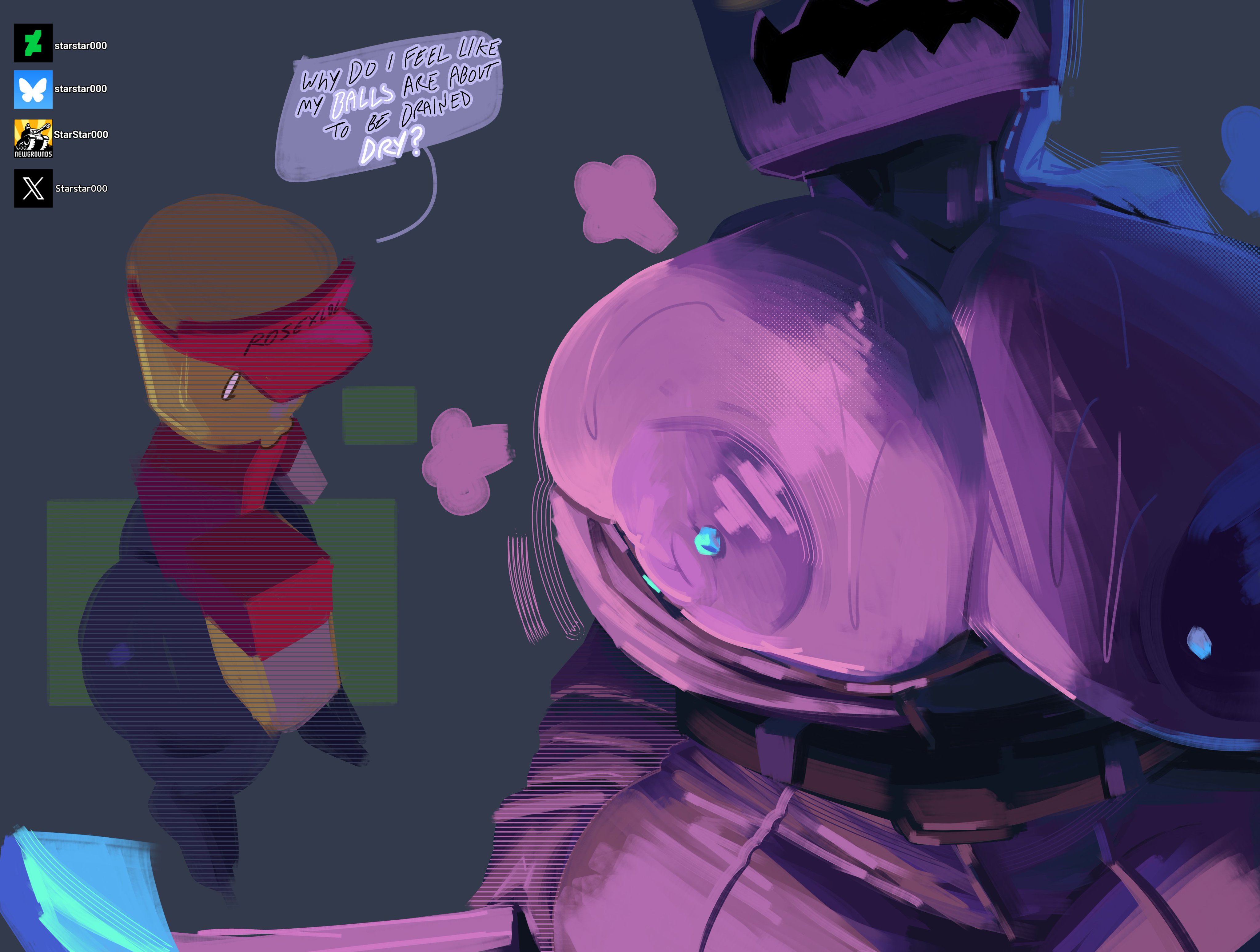 1boy, 1girls, areolae, ass, axe, big breasts, blocky anatomy, blocky body, blue background, bluesky link, breast piercing, breasts, cassie rose (mcsm), crossover, crt effect, deviantart link, elliot (forsaken), elliot (work at a pizza place), english dialogue, english text, fat breasts, fat tits, female, forsaken (roblox), glowing eyes, head out of frame, highlighted text, huge breasts, imminent sex, jiggling breasts, large breasts, male, massive breasts, microsoft, minecraft, minecraft: story mode, mojang, murderer, newgrounds link, nipple piercing, nipples, piercing, pixiv link, pumpkin head, purple body, purple lighting, purple nipples, purple pants, red shirt, red visor, roblox, roblox game, robloxian, shirt down, slasher (forsaken), speech bubble, starstar000, sweat, sweating, telltale games, text, the white pumpkin, thick ass, thick thighs, tool belt, twitter link, yellow eyes