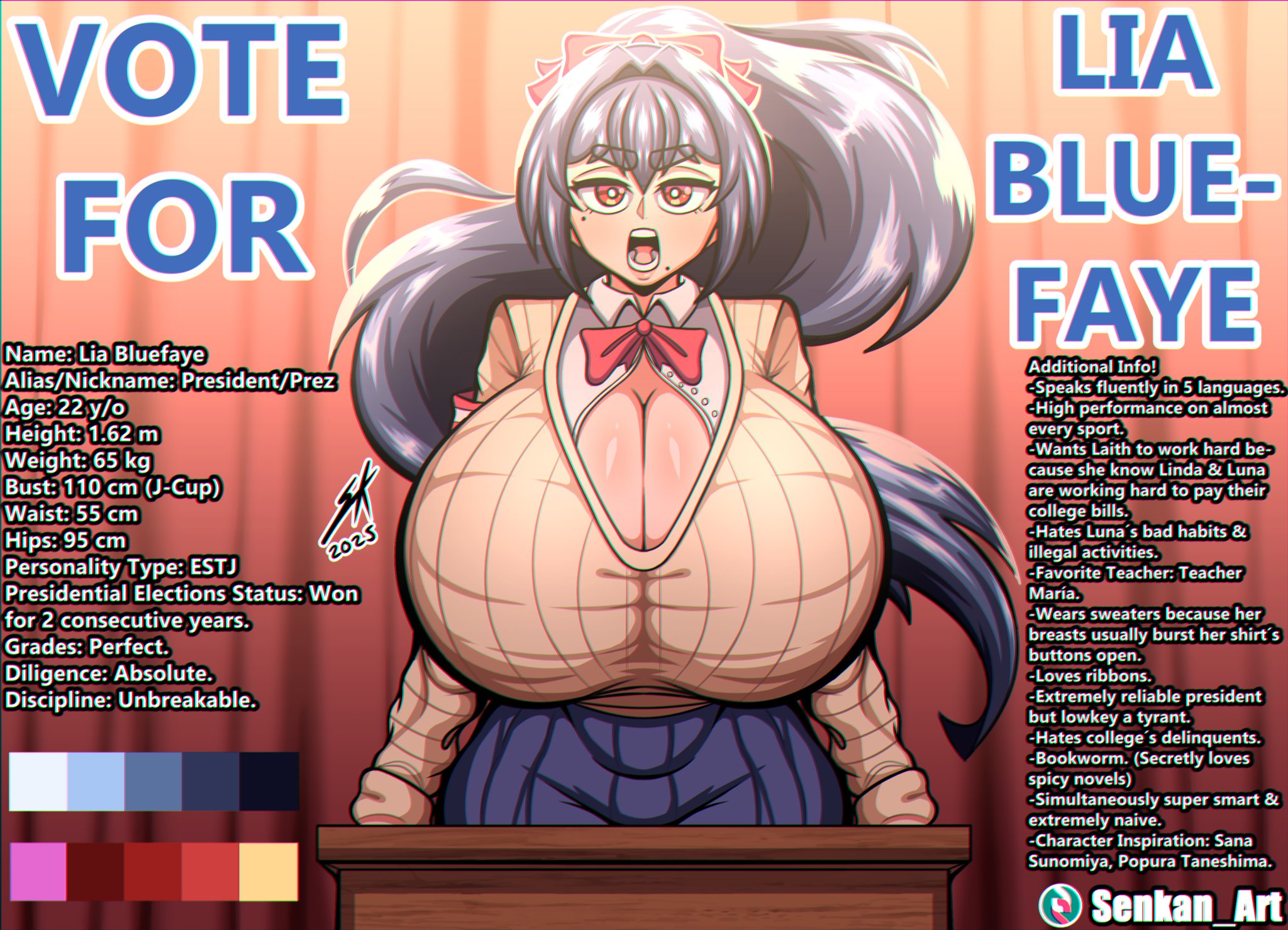 1girls, 2d, artist name, blue eyes, blue skin, breasts, breasts bigger than head, coat, colored, english text, female, female only, gigantic breasts, hairband, hips, inside, lia bluefaye, light skin, light-skinned female, long hair, looking at viewer, original, ponytail, red eyes, red hairband, senkan art, shirt, skirt, tagme, text, three sizes, top heavy, twitter link, watermark, yellow shirt