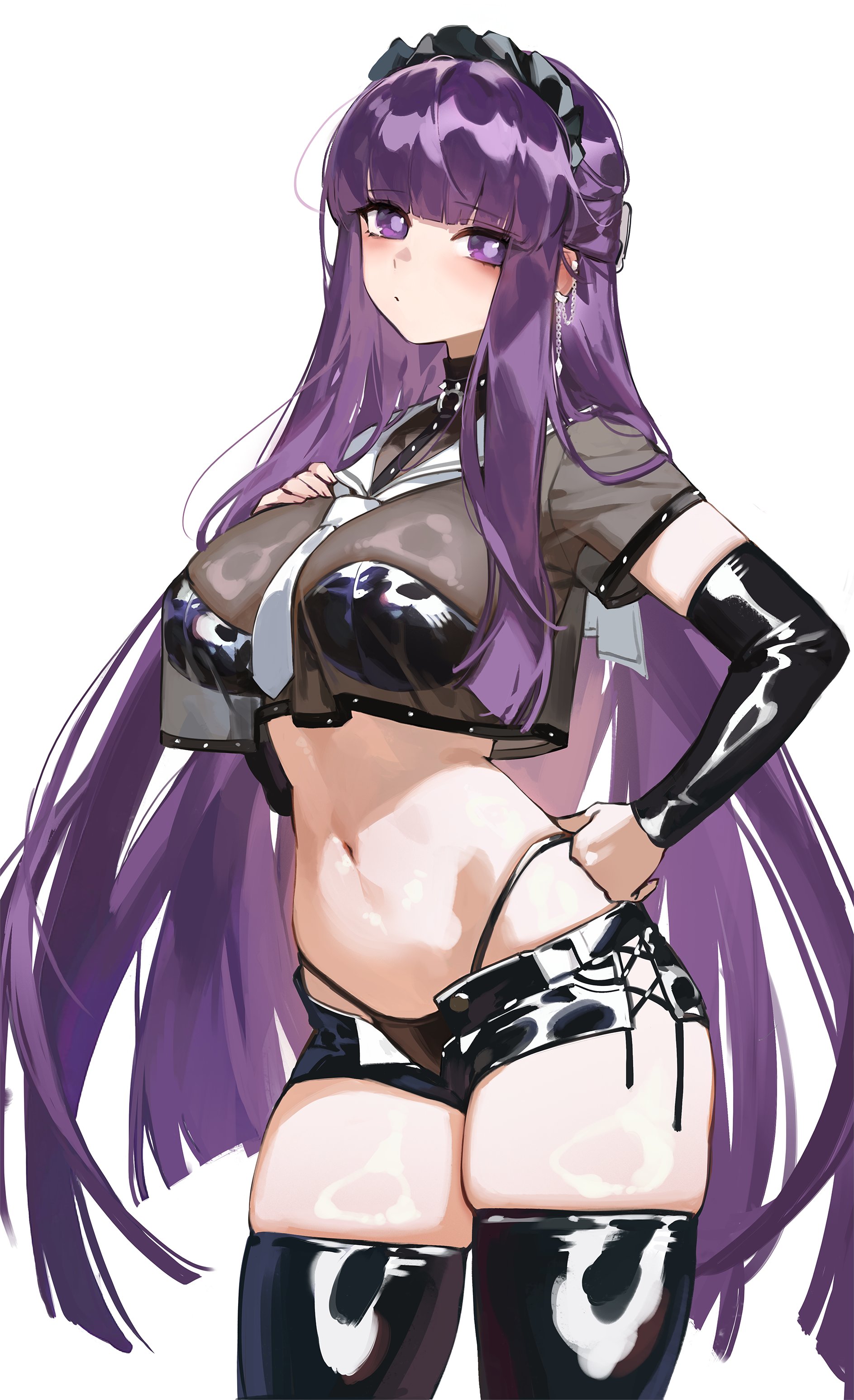 1girls, absurdres, big breasts, black gloves, blunt bangs, blunt ends, breasts, elbow gloves, female, fern (sousou no frieren), foolish potato, gloves, highres, large breasts, latex, long hair, looking at viewer, navel, panty straps, purple eyes, purple hair, shiny clothes, simple background, sousou no frieren, thick thighs, thighs, thong, white background