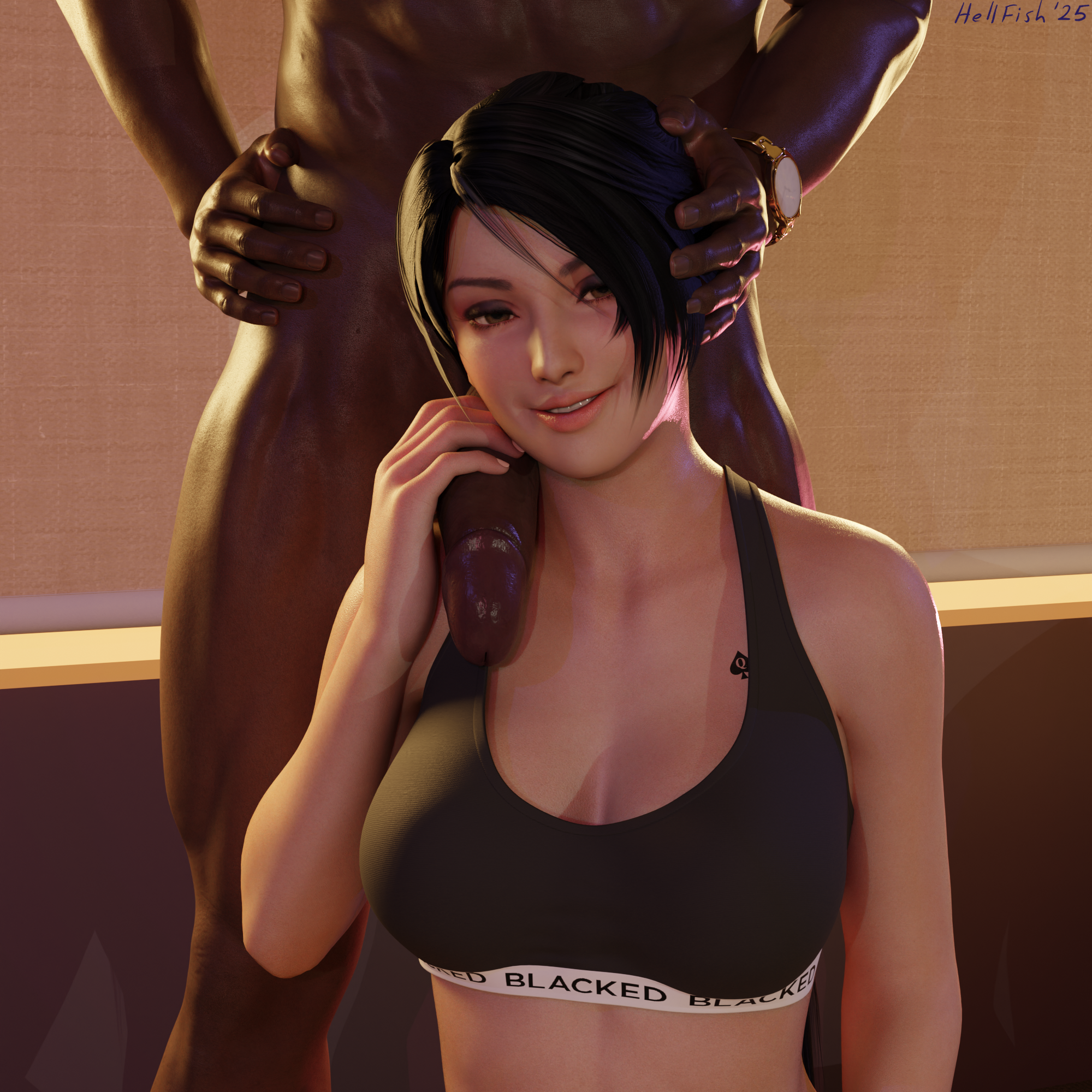 1boy, 1girls, 3d, 3d model, 3d render, artist name, asian, asian female, bedroom, black hair, blacked, blacked clothing, blender, breasts, brown eyes, clothed female nude male, dark skin, dark-skinned male, dead or alive, detailed background, female, hellfish, holding penis, indoors, interracial, looking at viewer, male, momiji (ninja gaiden), ninja gaiden, nude, nude male, penis, penis on face, ponytail, qos, qos tattoo, queen of spades, seductive smile, self upload, smile