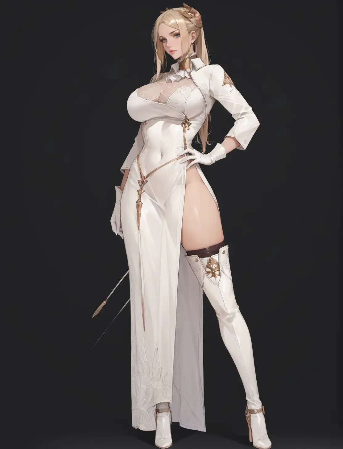 ai generated, bewitching thighs, big breasts, blonde hair, blue eyes, breasts, cleavage, female, full body, high heel boots, long legs, nier: automata, shu, standing, yorha commander
