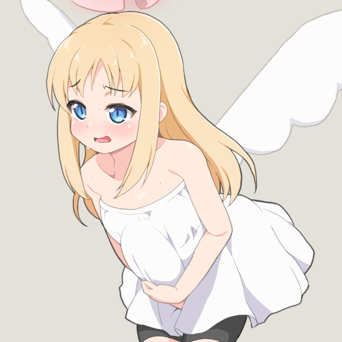 1futa, 2d, 2d (artwork), bare shoulders, blonde hair, blue eyes, crimvael, erection under clothes, futanari, intersex, ishuzoku reviewers, shirogane hakuba, simple background, spats, strapless dress, sweat, sweatdrop, sweating, sweaty, sweaty body, wings