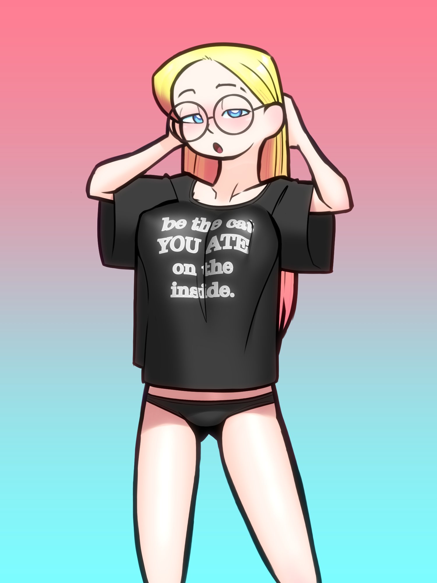 baggy tshirt, bedroom eyes, big breasts, bimbo, blonde female, blonde hair, blue eyes, breasts, colored shading, dckiq, droopy eyes, eyebrow slit, female, glasses, gradient background, hands in hair, holding hair, knee up, light skin, light-skinned female, long hair, ombre background, open mouth, original, original character, pale skin, pale-skinned female, panties, perky nipples, skinny, skinny female, sleepy eyes, text, text on clothing, text on shirt, text on topwear, tulip (dckiq), two-tone hair
