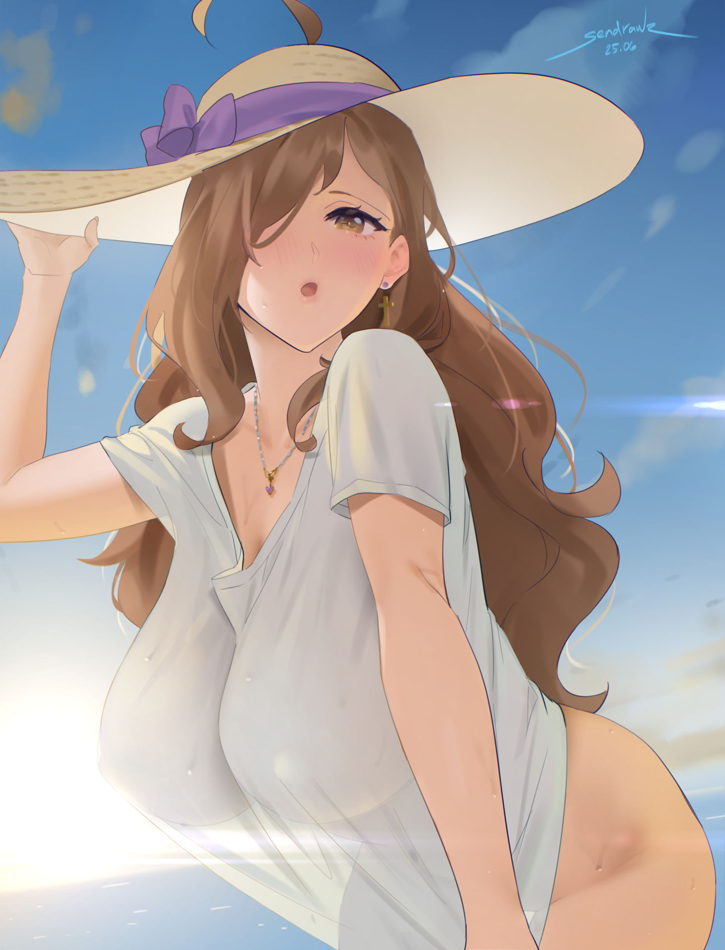 1girls, bottomless, breasts, female, female only, hat, huge breasts, kono subarashii sekai ni shukufuku wo!, large breasts, light skin, light-skinned female, long hair, mature female, no panties, sendrawz, shirt, shirt only, slim waist, sun hat, t-shirt, thick thighs, white shirt, wide hips, wiz (konosuba)