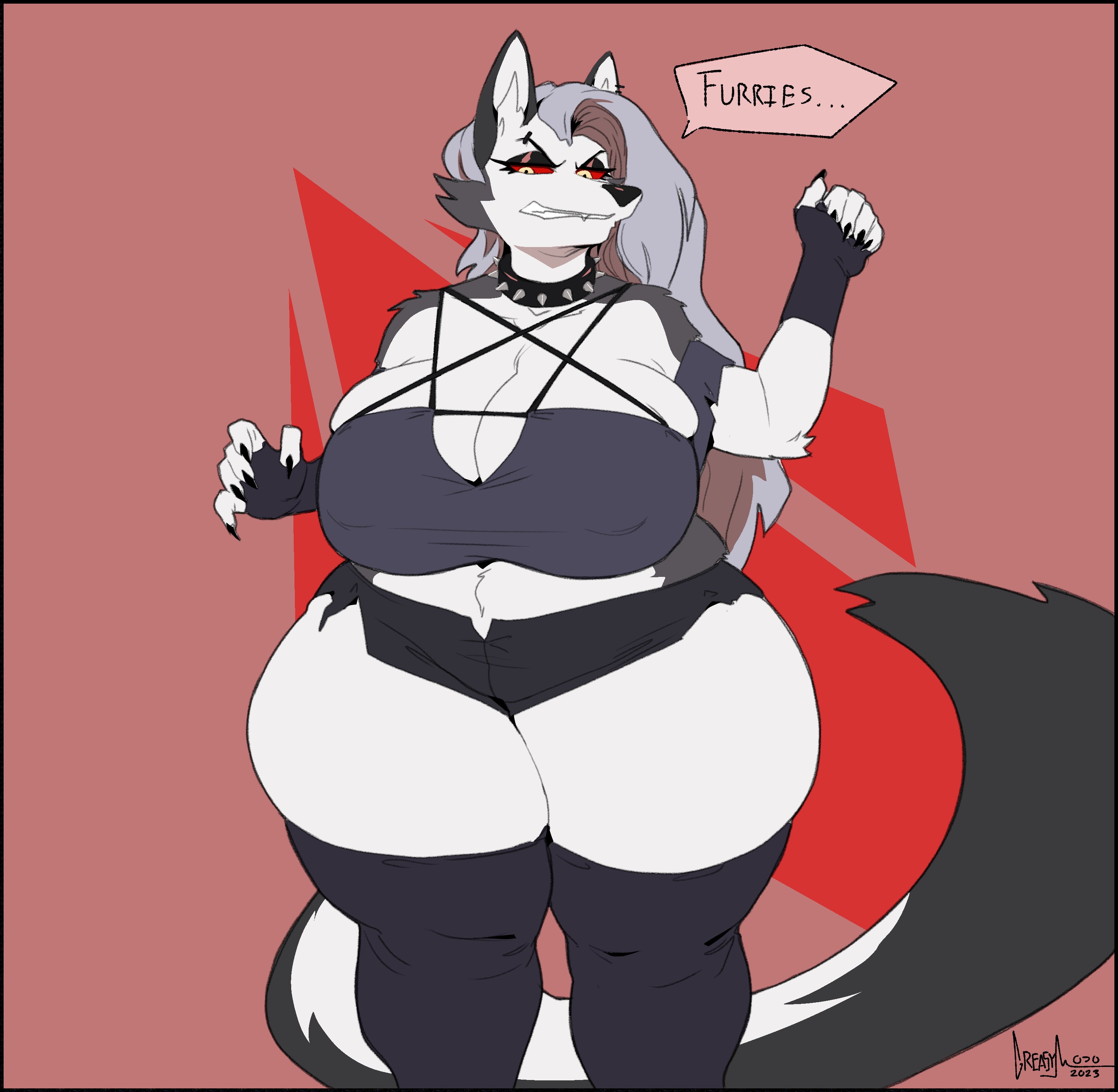 1girls, 2023, 5 fingers, absurd res, anthro, artist name, ass, big ass, big breasts, bottomwear, breasts, canid, canid demon, canine, cleavage, clothed, clothing, collar, curvy figure, demon, demon girl, dialogue, ear piercing, ears, english text, eyebrow piercing, facial piercing, female, fingerless gloves, fingers, fur, furry, gloves, goth, goth girl, greasymojo, grey body, grey fur, grey hair, hair, handwear, hellaverse, hellhound, helluva boss, hi res, hotpants, huge breasts, legwear, long hair, looking down, loona (helluva boss), mammal, midriff, multicolored body, multicolored fur, mythological canine, mythological creature, mythology, narrowed eyes, nipple outline, piercing, portrait, red sclera, shorts, solo, speech bubble, spiked collar, spikes, standing, stockings, tail, text, thick thighs, thighhighs, three-quarter portrait, topwear, two-tone body, two-tone fur, two-tone tail, voluptuous, white body, white eyes, white fur, wide hips, wolf, wolf girl