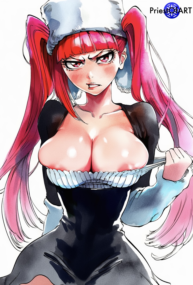 1girls, ai generated, angry, areola slip, big breasts, bleach, blush, breasts, busty, color, dokugamine riruka, dress, female, female only, hat, light-skinned female, pink hair, priestofart, shirt, simple background, skirt, solo, solo female, tagme, tagme (artist), tagme (character), thick thighs, watercolour (artwork), watermark, white background, wide hips