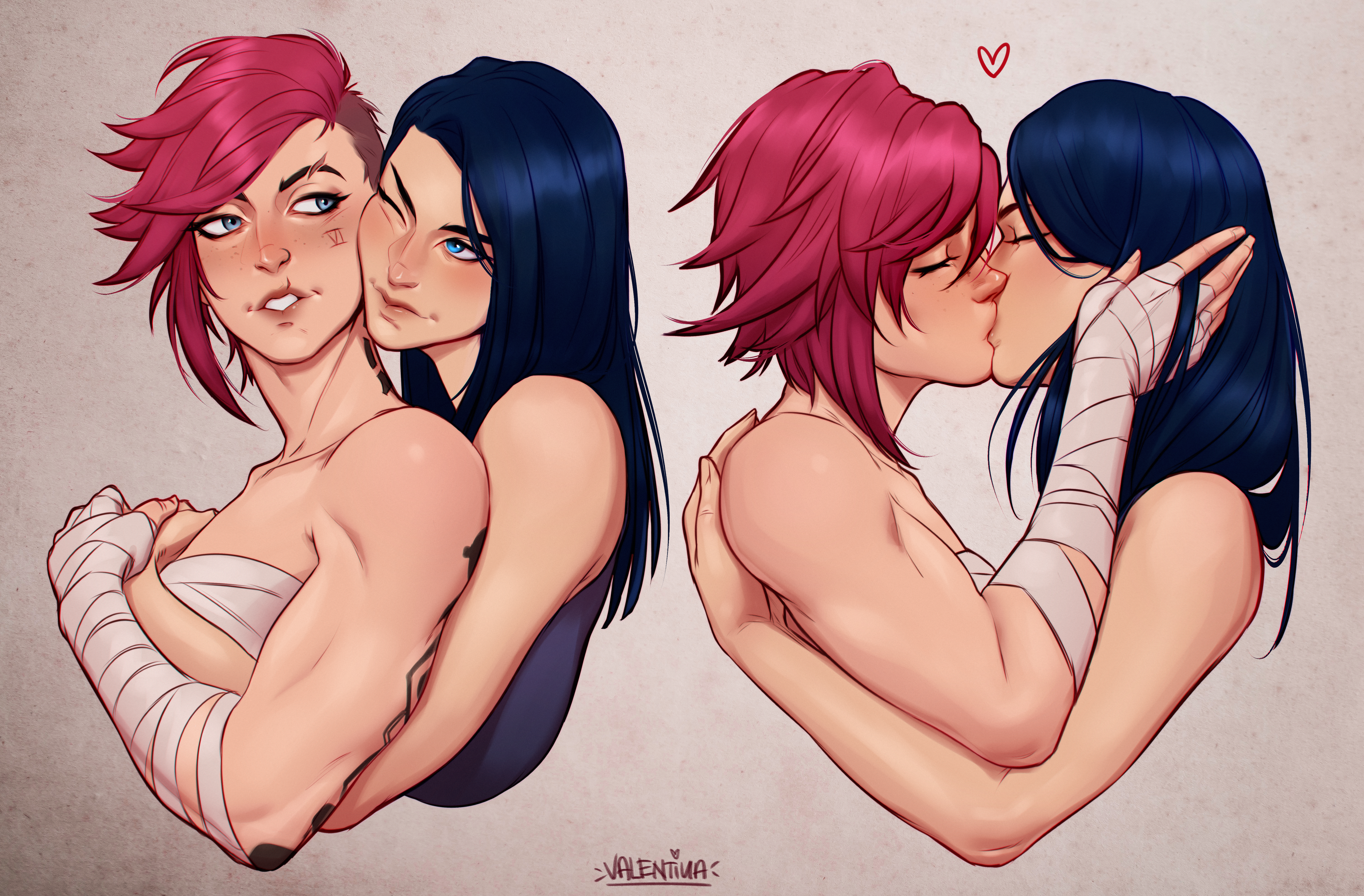 2girls, arcane, arm wraps, artist name, artist signature, breast bandage, breasts, butch, caitlyn kiramman, canon couple, female, female only, female/female, heart, heart symbol, hug, hugging, hugging from behind, kiss, kissing, league of legends, lesbian couple, lesbian kiss, multiple females, multiple girls, simple background, tagme, tomboy, valentinainat1, vi, wholesome, yuri