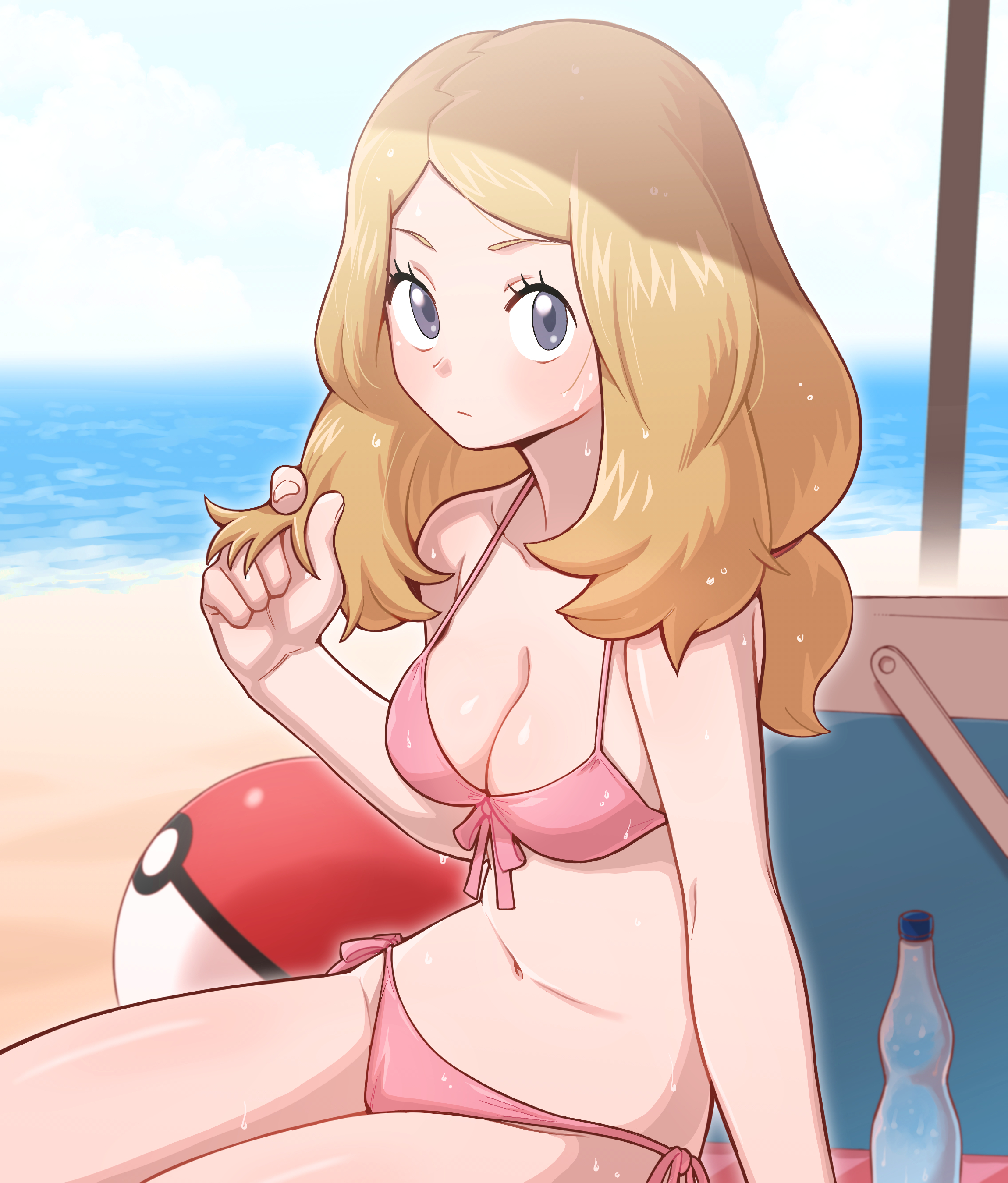 1girls, beach, beach ball, belly button, beverage, beverage bottle, bikini, blonde hair, blue eyes, bottle, breasts, cooler, eyelashes, female, female only, grey eyes, honey blonde hair, navel, outside, pink bikini, pokeball, pokemon, pokemon xy, sand, sea, seaside, serena (pokemon games), serena (pokemon), solo, swimsuit, water