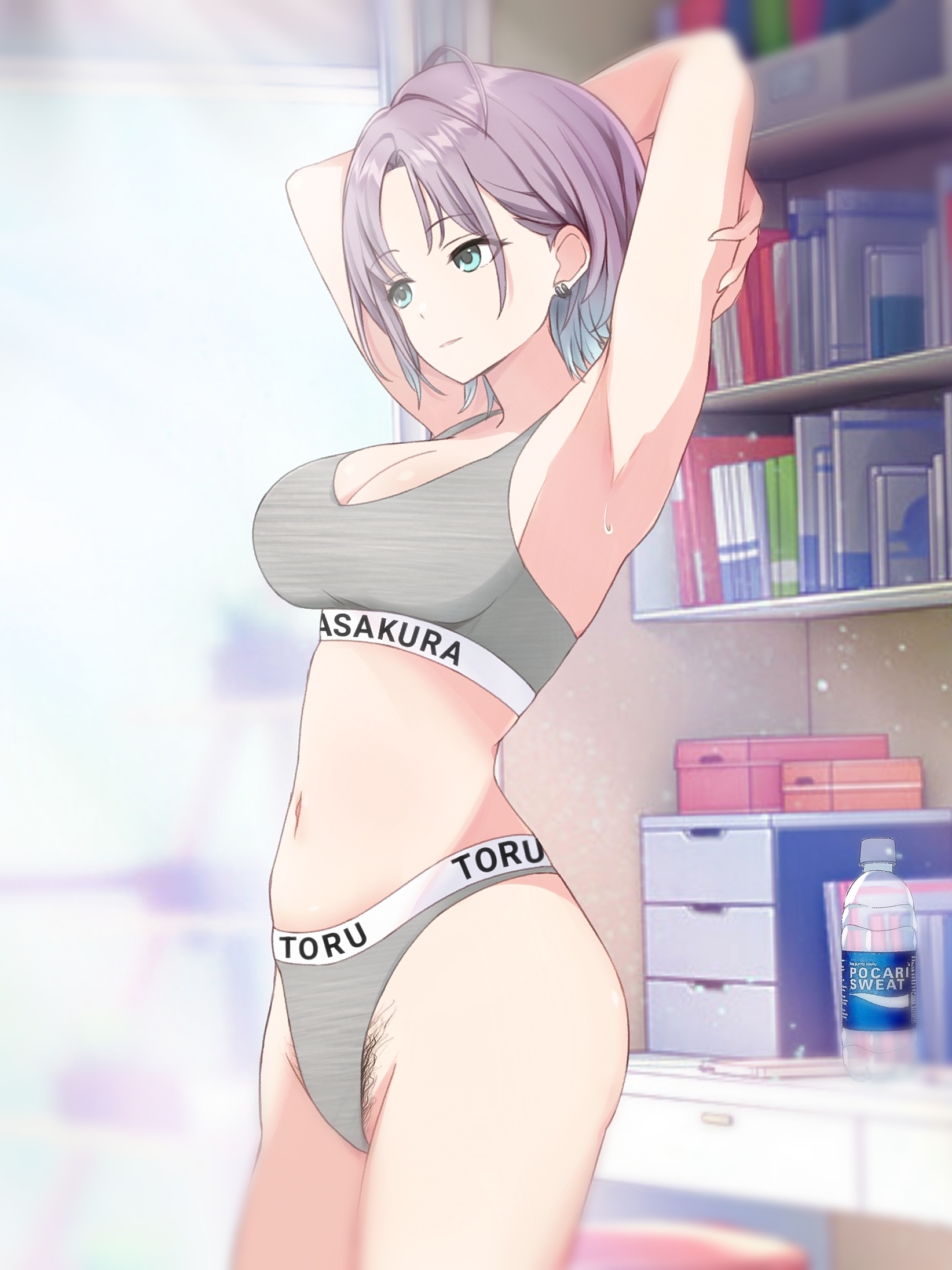 ahoge, armpits, arms behind back, arms up, asakura toru, bare arms, bare belly, bare legs, bare shoulders, bare thighs, belly button, big breasts, blue eyes, blush, breasts, cleavage, closed mouth, earrings, female, gradient hair, grey panties, grey sports bra, idolmaster, idolmaster shiny colors, indoors, multicolored hair, panties, pubic hair peek, purple hair, saint laurent paris, short hair, sports bra, sports panties, standing, thighs, underwear