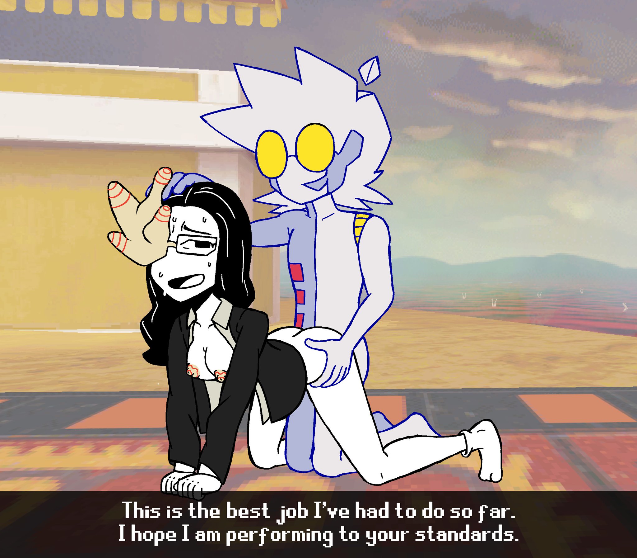 accurate art style, black hair, coral glasses, dialogue, doggy style, dream bbq, ena (series), glass, glasses, hair grab, lisnotsfw, multicolored body, on front, original character, suit, sweating, text, waist grab, wavy hair, white skin