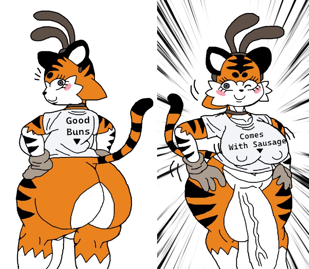 1futa 2-ban_(artist) 2d big_ass big_balls big_breasts big_penis clothes futanari gloves nipples_visible_through_clothing oc orange_fur tagme taiga_stripes_(2-ban) text tiger wink