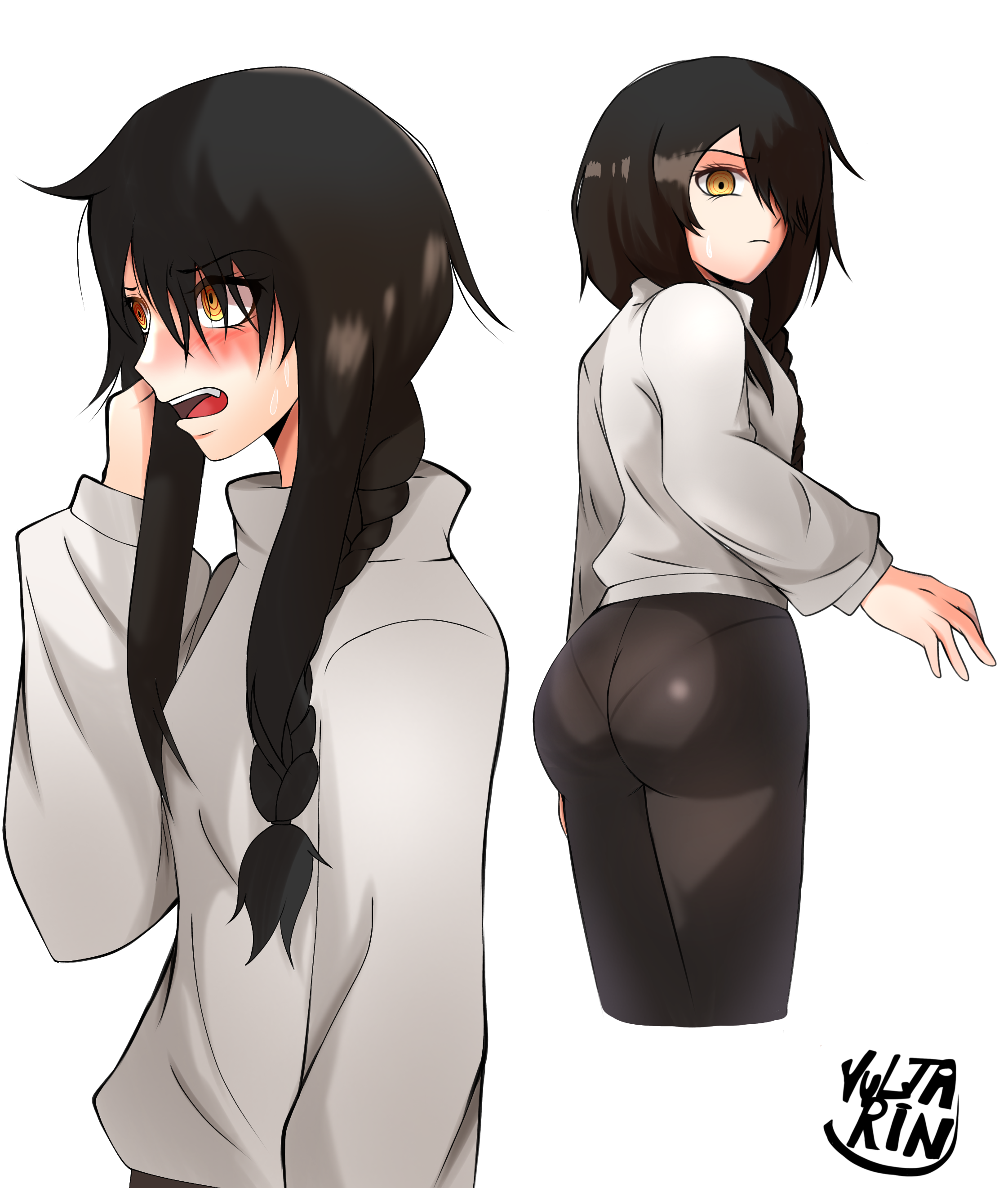ass, ass focus, black hair, black panties, chainsaw man, golden eyes, hair over one eye, nayuta (chainsaw man), text, uncomfortable, white shirt, white skin, yultarinn