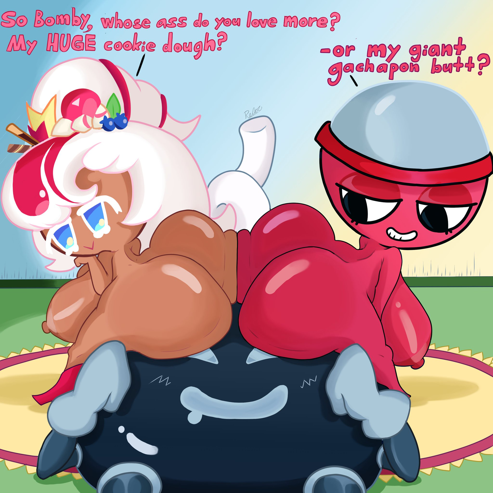 1boy, 2girls, areolae, ass, barefoot, big breasts, bomby powder (cuphood), breasts, completely nude, cookie run, crossover, dandy's world, female, full body, gigi (dandy's world), huge ass, male, naked, naked female, nipples, nude, nude female, oc, parfait cookie, rexoacrylla, smile, teasing