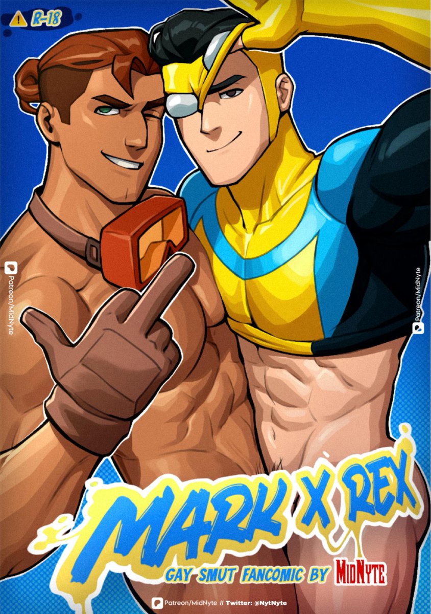 big pecs, brown body, brown skin, comic, comic cover, gay, green eyes, half-dressed, invincible, invincible (superhero), invincible (tv series), looking at viewer, male, male only, mark grayson, middle finger, muscular, muscular male, nytnyte, rex sloan, rex splode, superhero, superhero costume, tan skin