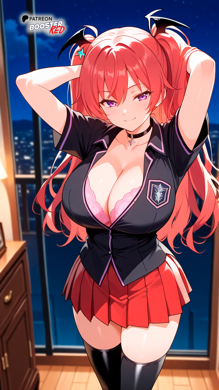 ai_generated arms_above_head black_shirt black_thighhighs boosterred99 bra collar firika_mia_shatana illustrious_(stable_diffusion) long_hair nukidoki! pony_diffusion_xl purple_eyes red_hair red_skirt seductive_smile shirt skirt thick_thighs thighs twintails underwear