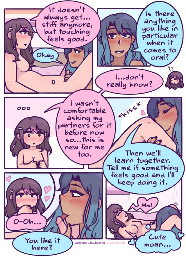 2girls, between legs, blowjob, blue hair, brown hair, consent, dark-skinned female, ear piercing, emma (welcome to heaven), fellatio, female, female/female, hairclip, heart, hearts around head, lesbian pride colors, licking penis, light-skinned female, male, moaning, oral, oral sex, patch, penis, pink hair, pink highlights, repost, sasha (welcome to heaven), trans woman, transfem, transgender, transgender woman, two tone hair, welcome to heaven