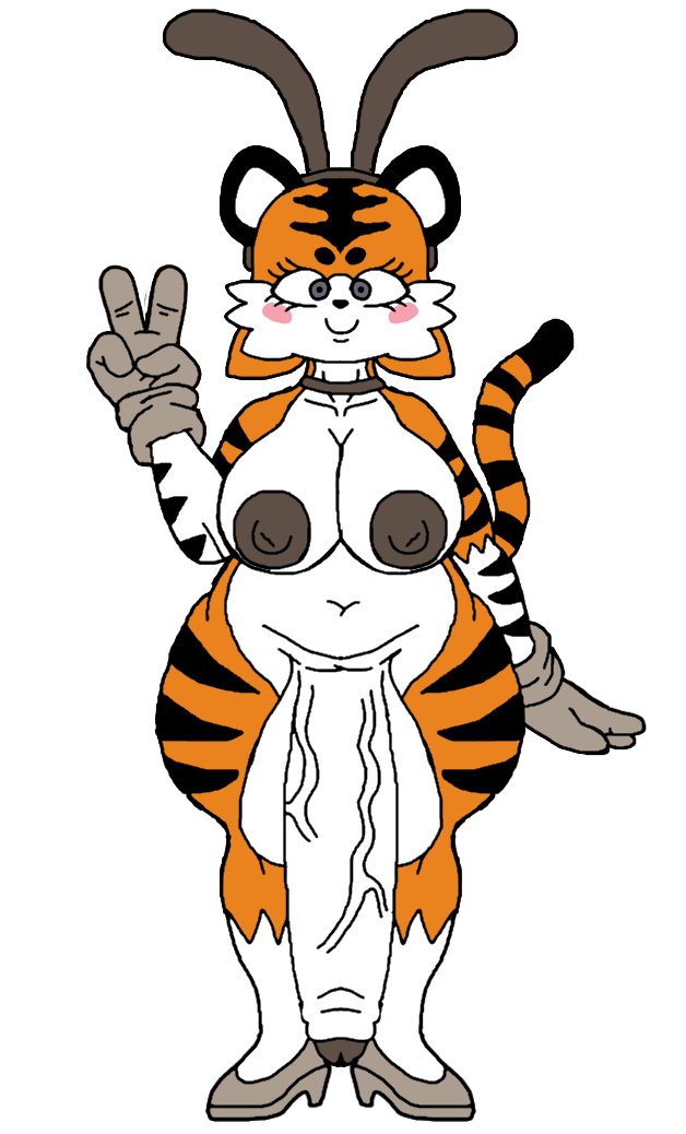 1futa 2-ban_(artist) 2d big_ass big_balls big_breasts big_penis chubby futanari gloves naked naked_futa nipples_visible_through_clothing oc orange_fur peace_sign tagme taiga_stripes_(2-ban) text tiger