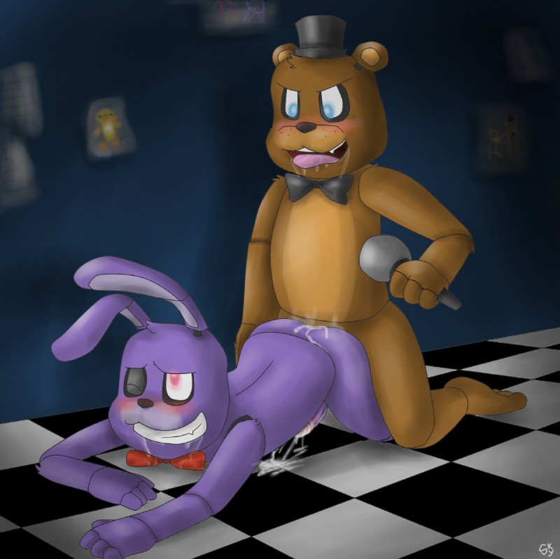 2boys anal anal_sex blue_eyes blush bonnie_(fnaf) bowtie cum cum_on_floor ejaculation five_nights_at_freddy's freddy_(fnaf) gay glowing_eyes hay male_only maledom malesub microphone mobile_size multiple_boys open_mouth penetration teeth