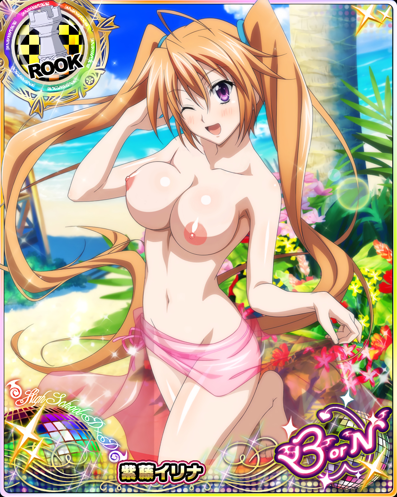 1girls, 2d, blonde hair, breasts, card (medium), female, high school dxd, photoshop, pointy chin, shidou irina, solo, topless