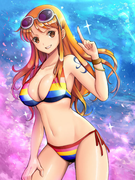 1girls, arm tattoo, female, female only, long hair, nami (one piece), one piece, one piece film z, orange hair, orange-haired female, post-timeskip, rainbow bikini, solo, tagme