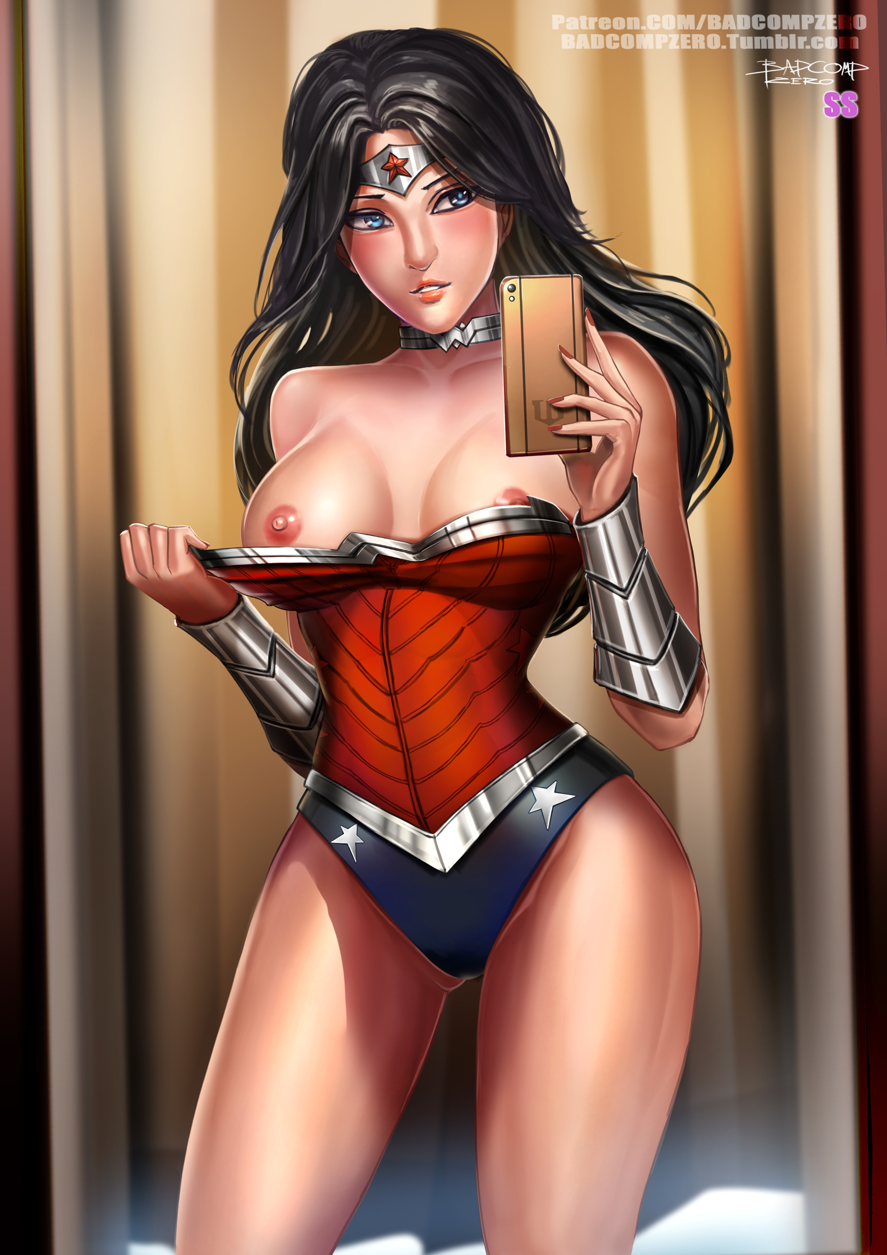 1girls, badcompzero, bare shoulders, black hair, blue eyes, bracelet, breasts, cellphone, cleavage, dc, dc comics, diana prince, female, female only, large breasts, legs, long hair, nipples, phone, selfie, smartphone, solo, tagme, thighs, tiara, uncensored, wonder woman, wonder woman (series)