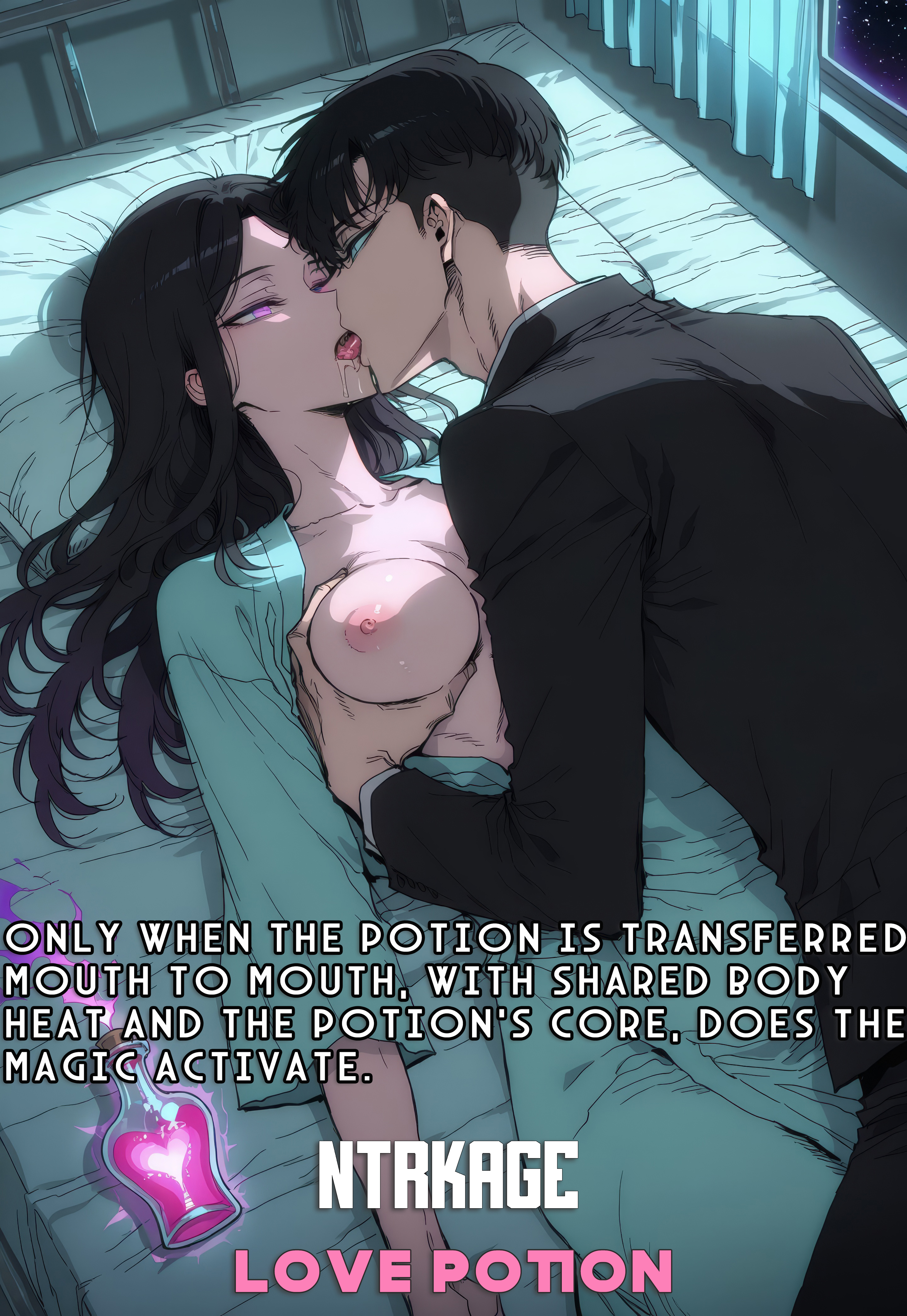 1boy, 1girls, ai generated, breast grab, comic, english text, french kiss, french kissing, glowing eyes, hi res, highres, hospital, hospital bed, hospital gown, incest, incest (lore), kissing, love potion, medium breasts, milf, mind break, mind control, mother, mother and son, ntrkage, older female, one breast out, park kyung hye, solo leveling, sung jin woo, younger male