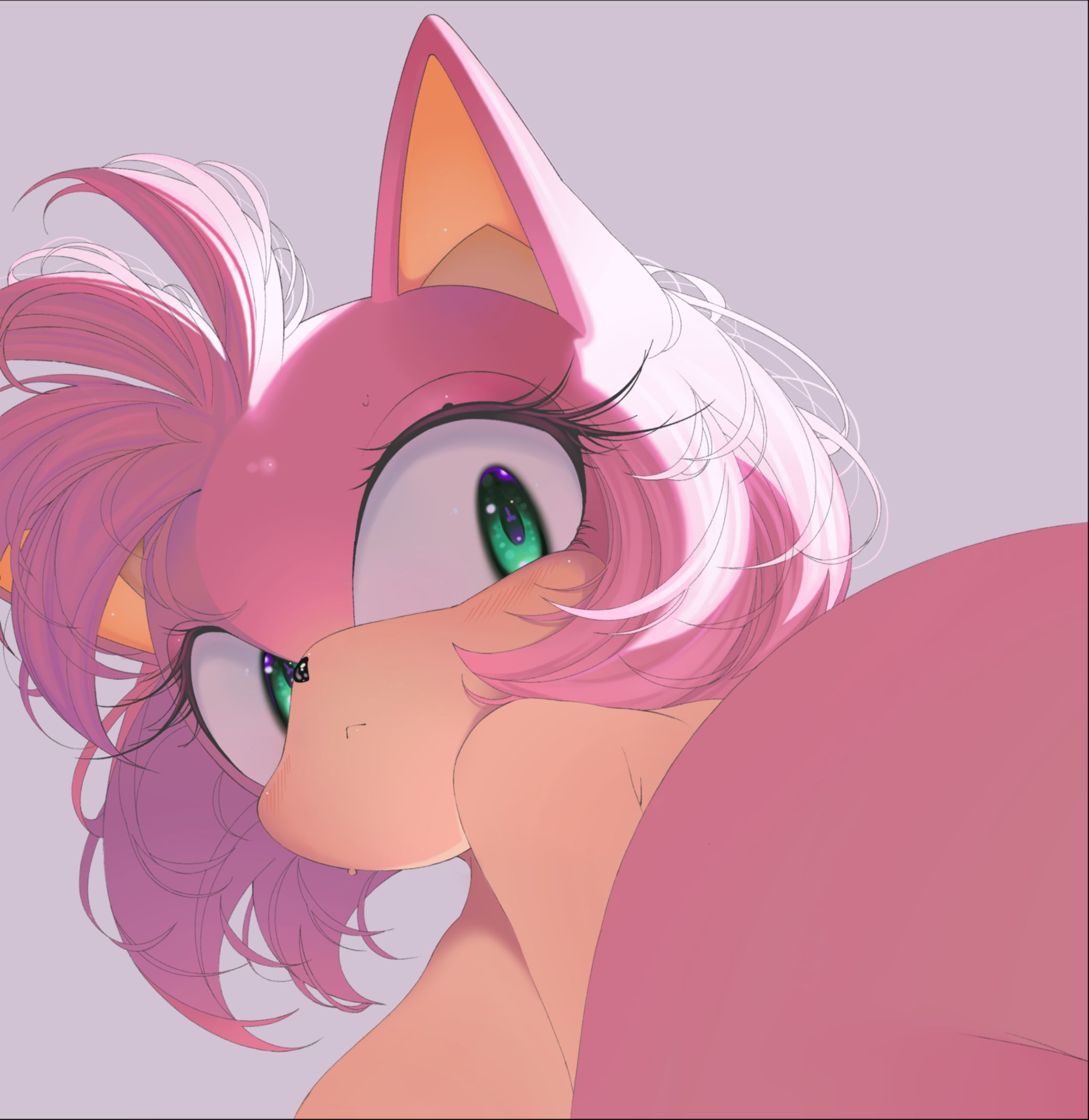 1girls, 2025, amy rose, animal ears, anthro, ass, blush, blush lines, blushing at viewer, blushing female, breasts, creamm cake, digital drawing (artwork), digital media (artwork), eyelashes, eyelashes visible through hair, female, female focus, female only, green eyes, grey background, hedgehog, hedgehog ears, hedgehog girl, hedgehog humanoid, looking at viewer, looking back, looking back at viewer, mobian (species), naked, naked female, nipples out of frame, nude, nude female, out of frame, out of frame censoring, pink body, pink fur, pink hair, presenting, presenting hindquarters, sega, shiny fur, shiny hair, short hair, short hair female, simple background, solo, solo female, solo focus, sonic (series), sonic the hedgehog (series)