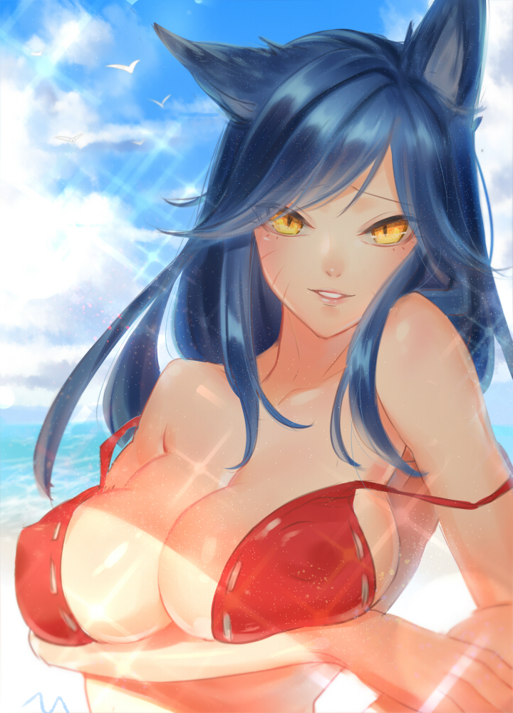 ahri, animal ears, bikini, black hair, breasts, cleavage, covered nipples, facial mark, female, fox ears, hikarusorano, large breasts, league of legends, long hair, looking at viewer, ocean, outdoors, slit pupils, smile, solo, sunlight, vastaya, water, whisker markings, yellow eyes