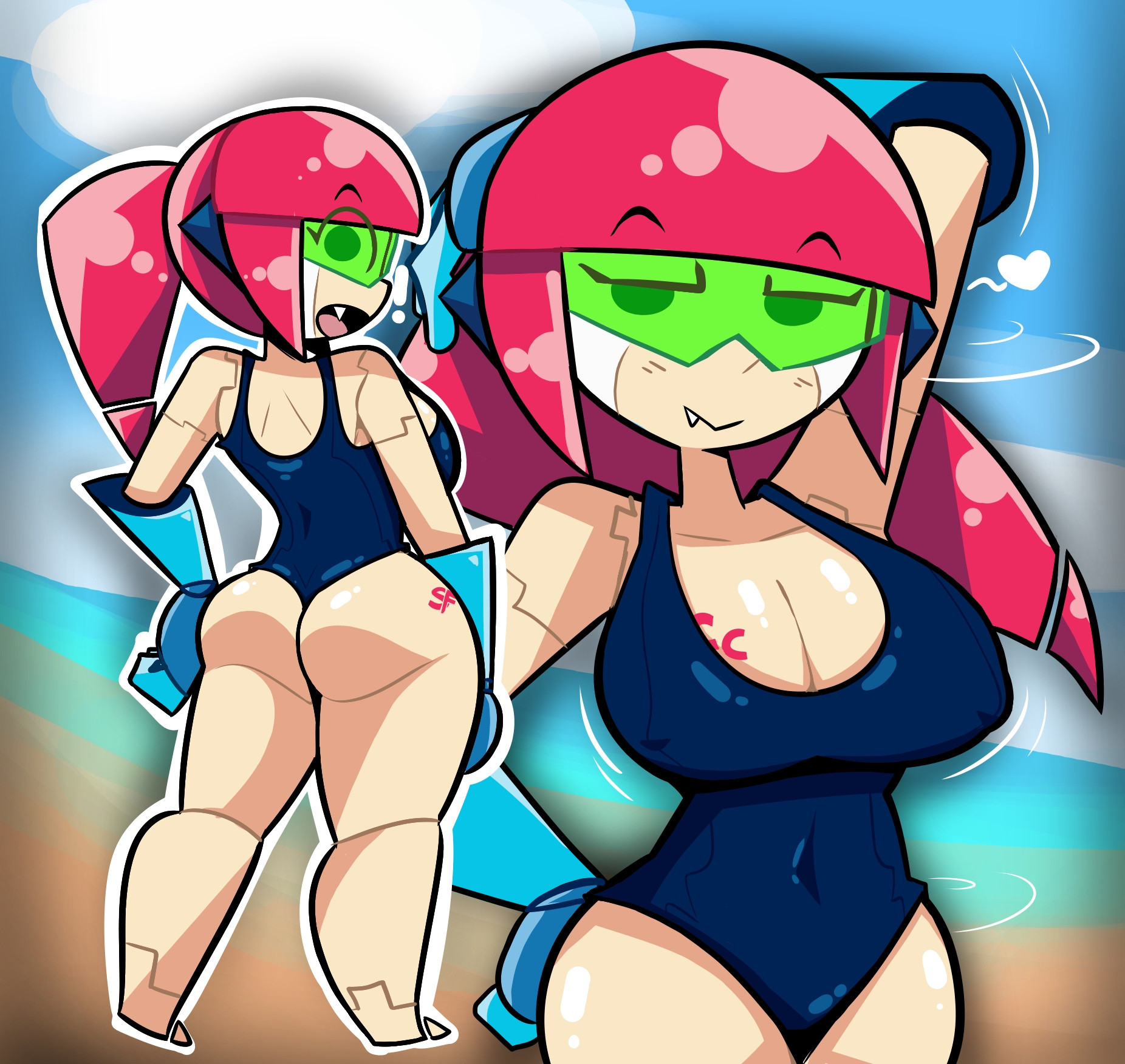 !, 1girls, 2025, ass, barefoot, bedroom eyes, borrowed character, cyborg chan (scott falco), from behind, gloves, hand on hip, heart, long hair, looking at viewer, mysaltisexposed, oerba yun fang, one arm up, one-piece swimsuit, open mouth, original, outdoors, pink hair, robot girl, standing, swimsuit, tagme, thick thighs, thighs, visor, visor (eyewear), wide hips