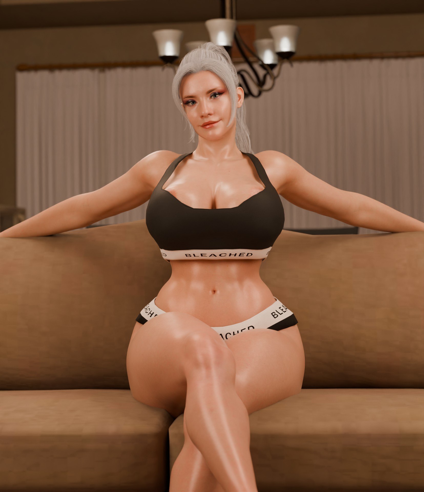 3d, black cat, black cat (marvel), bleached, bleached clothing, child bearing hips, couch, curvaceous, curvy, felicia hardy, grin, highres, hourglass figure, large breasts, looking at viewer, male pov, marvel, ponytail, sekaithereturn, smug, solo, spider-man (series), spider-man 2 (ps5), voluptuous, white hair