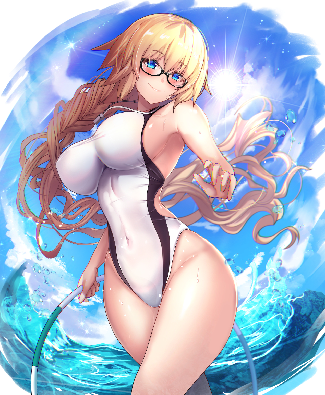 blonde hair, breasts, fate (series), fate/grand order, female, female only, jeanne d'arc (fate), jeanne d'arc (swimsuit archer), large breasts, long hair, looking at viewer, ocean, one-piece swimsuit, shiny, shiny skin, summer, swimsuit, tagme