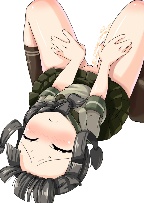 blush closed_eyes female female kantai_collection kitakami_(kantai_collection) minamicho_oblique no_panties peeing pussy shiny shiny_hair shiny_skin simple_background skirt solo uncensored white_background