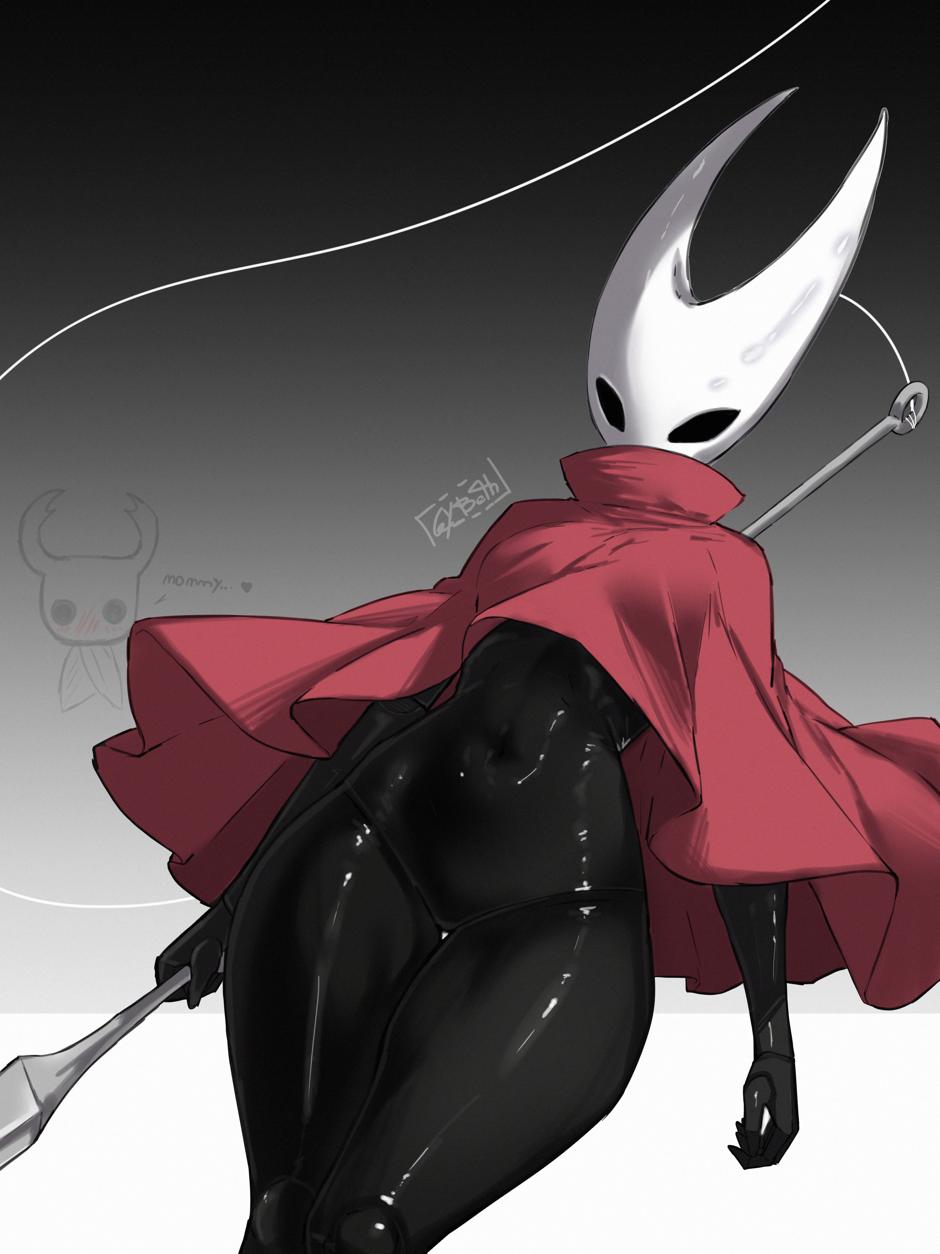 1girls, absurdres, arms at sides, arthropod girl, black skin, cloak, colored skin, commentary, doodle inset, english commentary, female, female only, from below, gradient background, grey background, groin, gybeth, highres, holding, holding weapon, hollow eyes, hollow knight, hollow knight: silksong, horned mask, hornet (hollow knight), looking at viewer, mask, navel, needle (hollow knight), no pussy, red cloak, signature, simple background, solo focus, the knight (hollow knight), thick thighs, thighs, thighs together, thread, weapon, white background, white mask