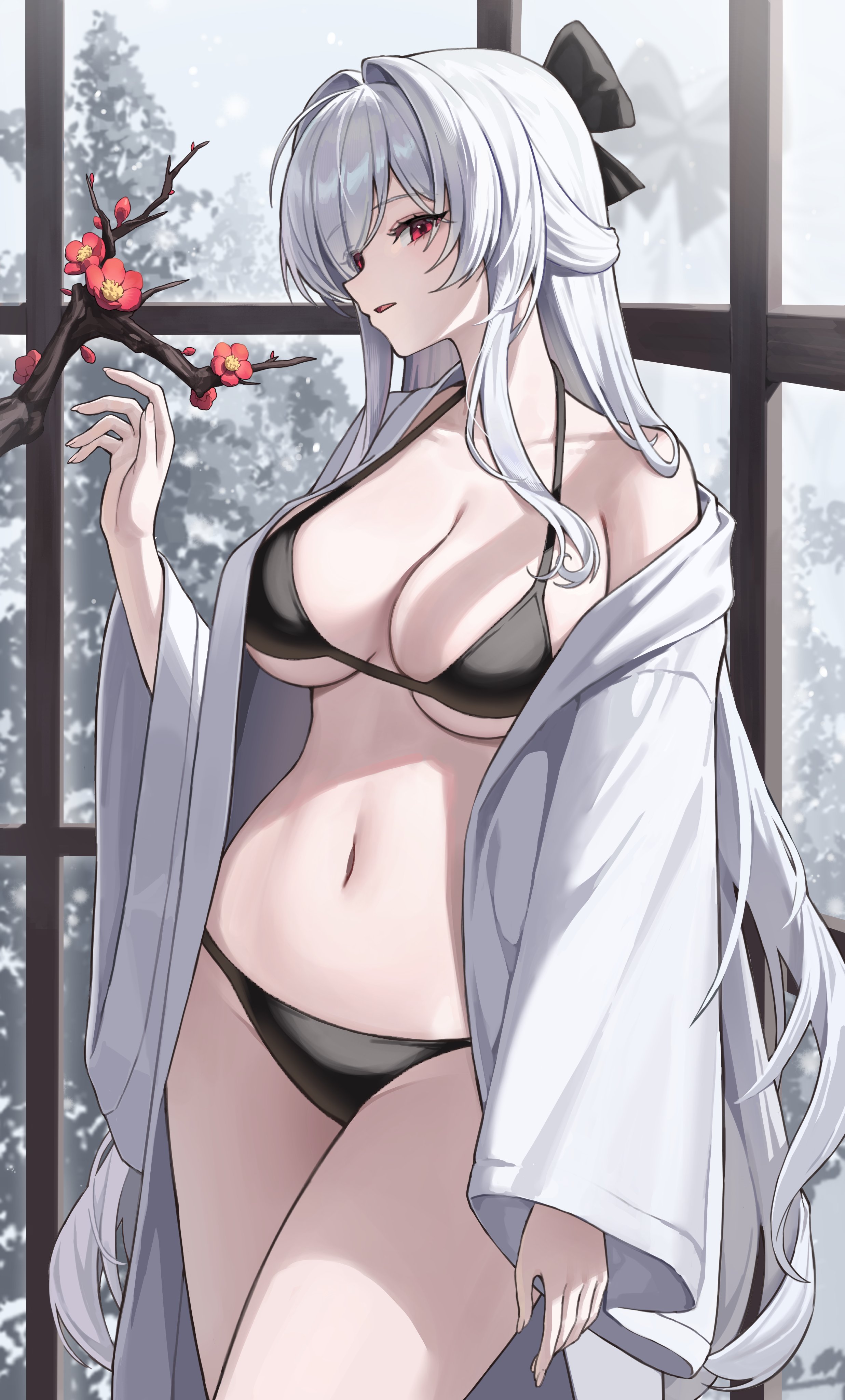 absurdly long hair, absurdres, bikini, black bikini, branch, breasts, cinderella (nikke), cleavage, coat, collarbone, commentary request, female, goddess of victory: nikke, highres, indoors, large breasts, long hair, navel, neil (neil nim), red eyes, solo, stomach, swimsuit, thighs, very long hair, white coat