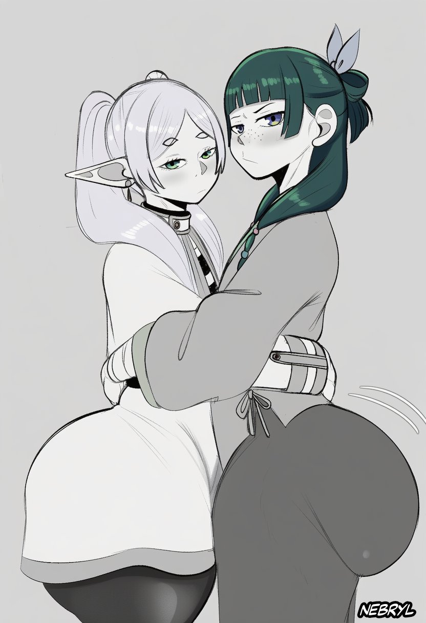2girls, ai generated, ass, bangs, big ass, blue eyes, blunt bangs, blush, earrings, female, female only, frieren, green eyes, green hair, huge ass, jewelry, kusuriya no hitorigoto, long hair, looking at viewer, maomao (kusuriya no hitorigoto), multiple girls, nebryl, pointy ears, sousou no frieren, white hair